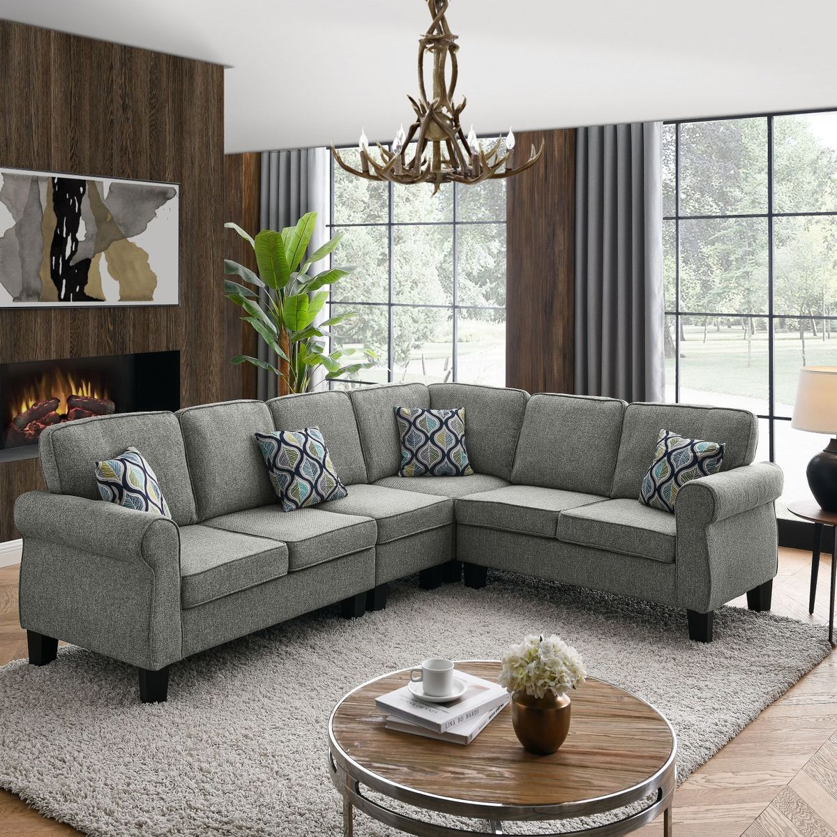 JASMODER W487S00172 Shelter L-Shape Sectional Sofa With Reversible Chaise, Four Pillows Included, Plastics Legs, Light Grey (106 inch X83 inch X35)
