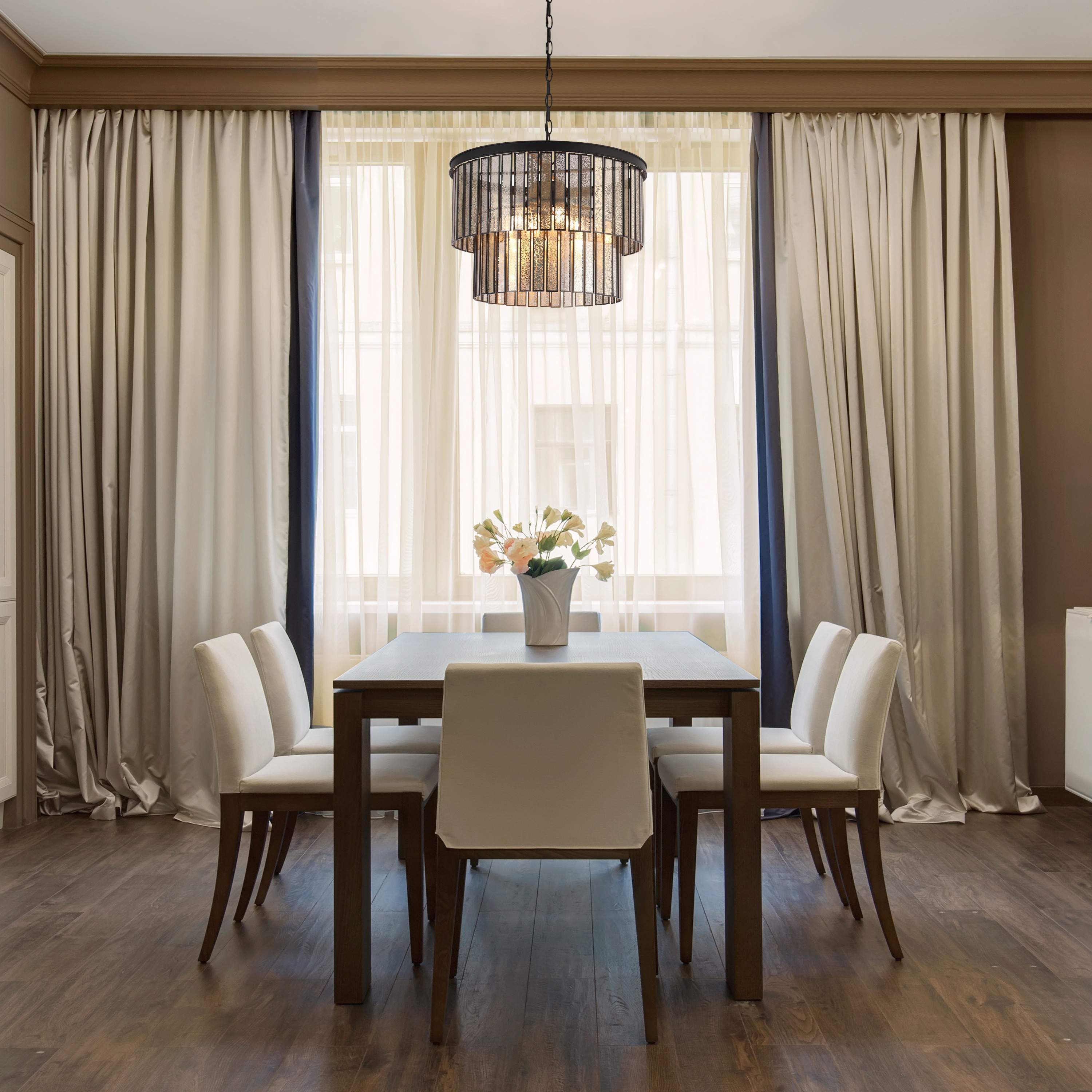 Elegant 18" Matte Black Drum Chandelier with Mercury Glass