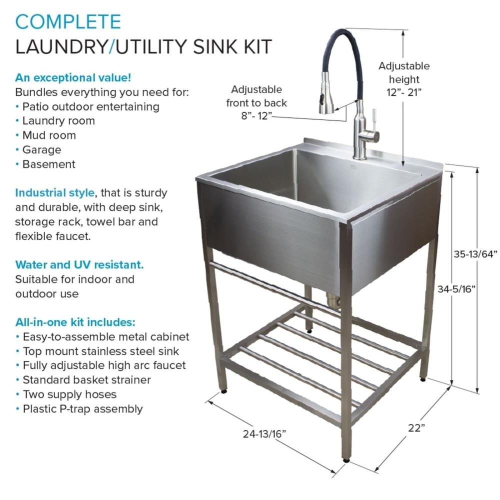 Transolid 25-in x 22-in 1-Basin Stainless Steel Freestanding Laundry ...
