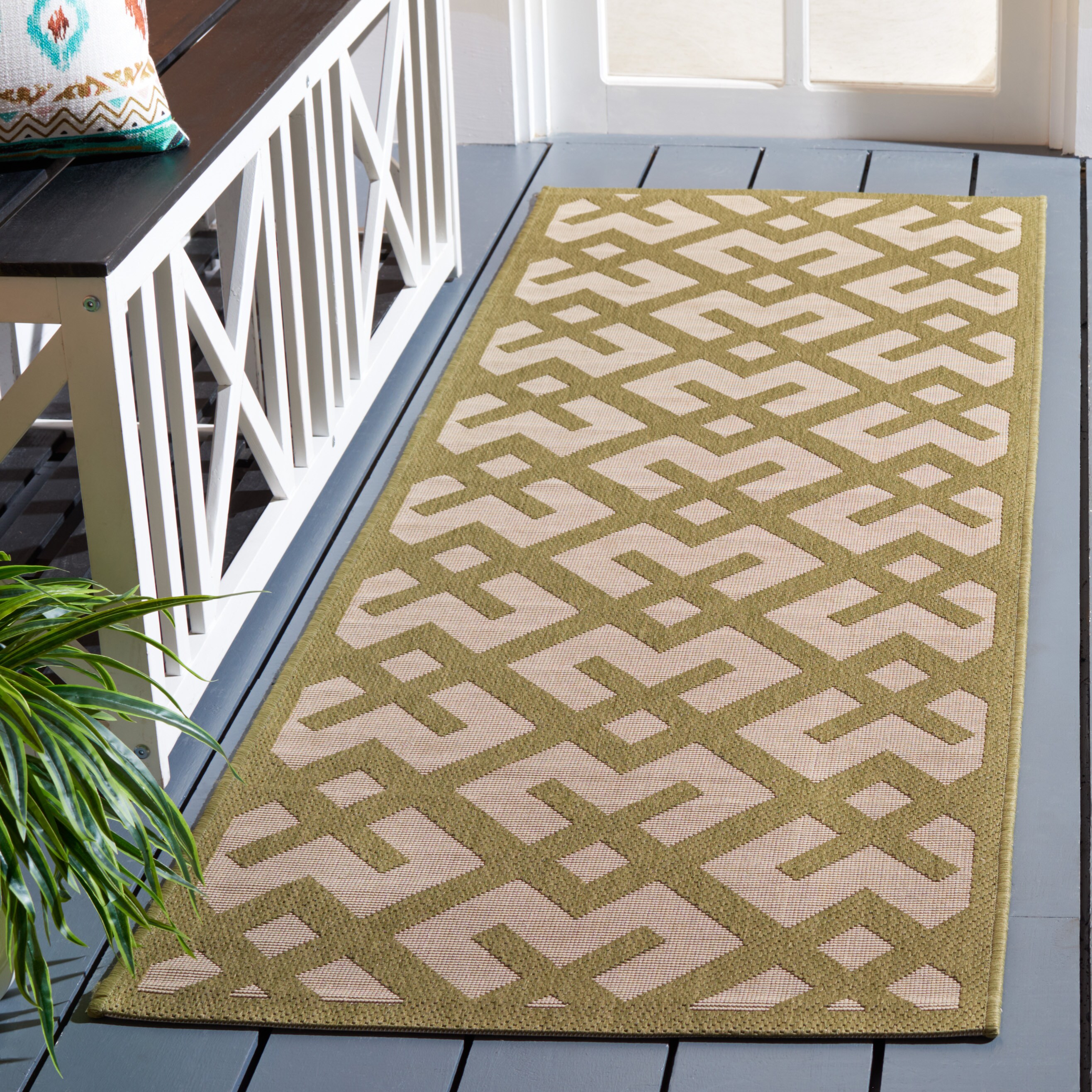 Safavieh CY6915-244-210 Courtyard Chateau 2 x 10 (ft) Loomed Polypropylene Beige/Green Rectangular Indoor/Outdoor Geometric Coastal Runner rug