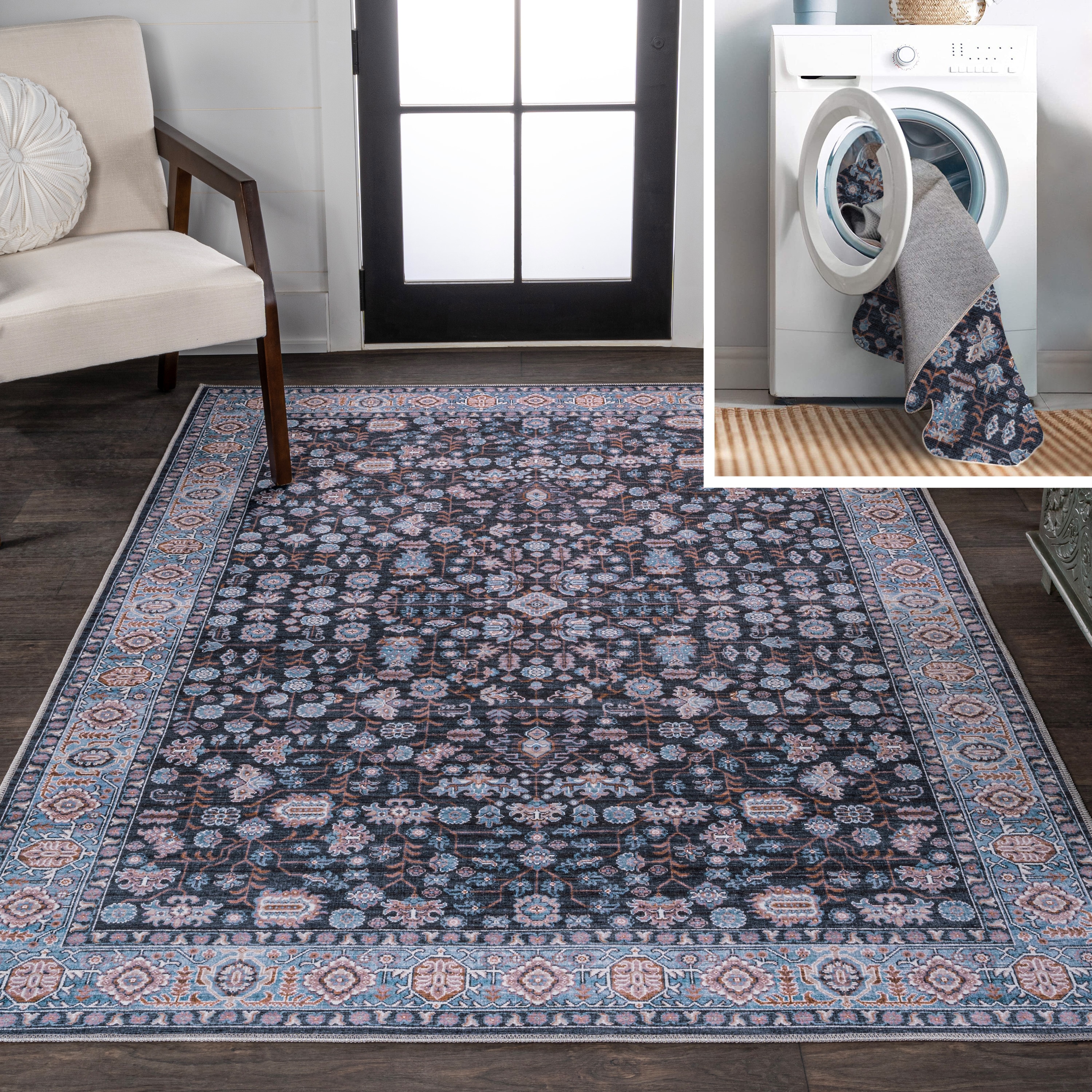 JONATHAN  Y WSH104D-3 WASHABLE Kemer All-Over 3 x 5 (ft) Loomed Chenille Black/Blue Rectangular Indoor Medallion Bohemian/Eclectic Machine washable Area rug