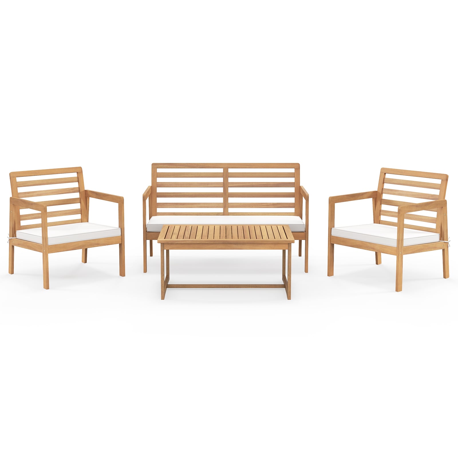 Slickblue D-CO-HW31827WH 4-Piece Patio Furniture Set with Loveseat 2 Armchairs and  offee Table Solid Acacia Wood with White Cushions for Patio Garden or Poolside