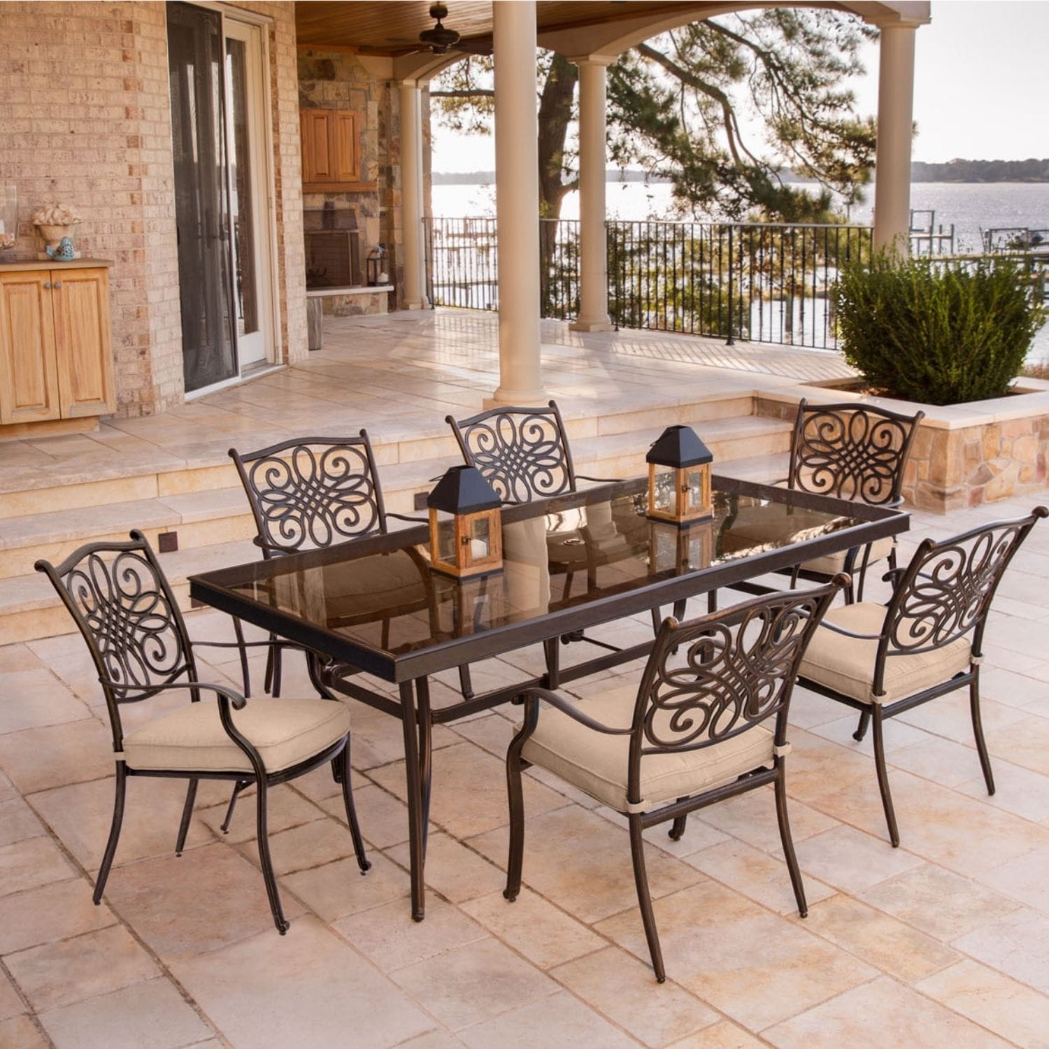 Hanover TRADDN7PCG Traditions 7 -Piece Bronze Patio Dining Set Aluminum Rectangle Table with 6 Tan Cushions Stationary Chairs