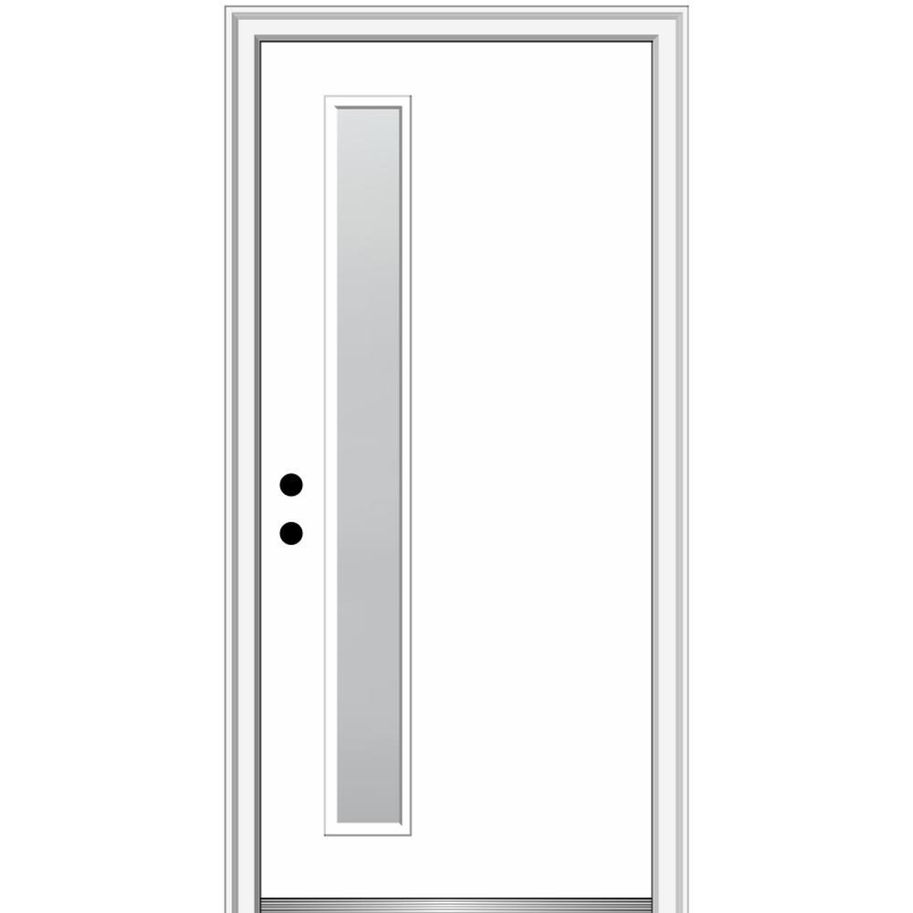 MMI DOOR ZZ349821R Spotlights 32-in x 80-in x 6-9/16-in Fiberglass Pulse lite Right-hand inswing Brilliant White Painted Prehung Front Door with Brickmould Insulating core