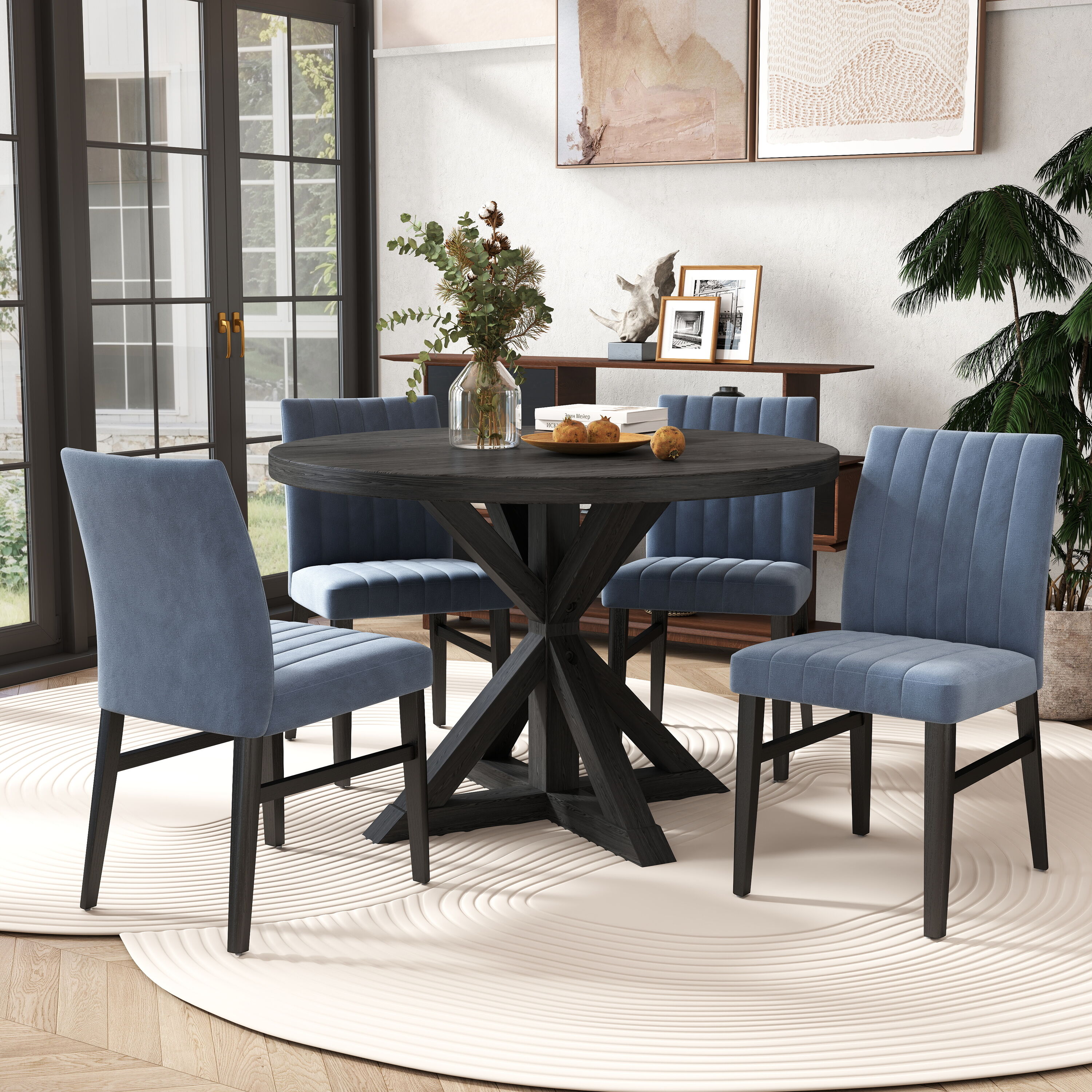 Roundhill Furniture T304-C056BUX2 Waltom Blue Contemporary/Modern Dining Room Set with Round Table ( Seats 4 )