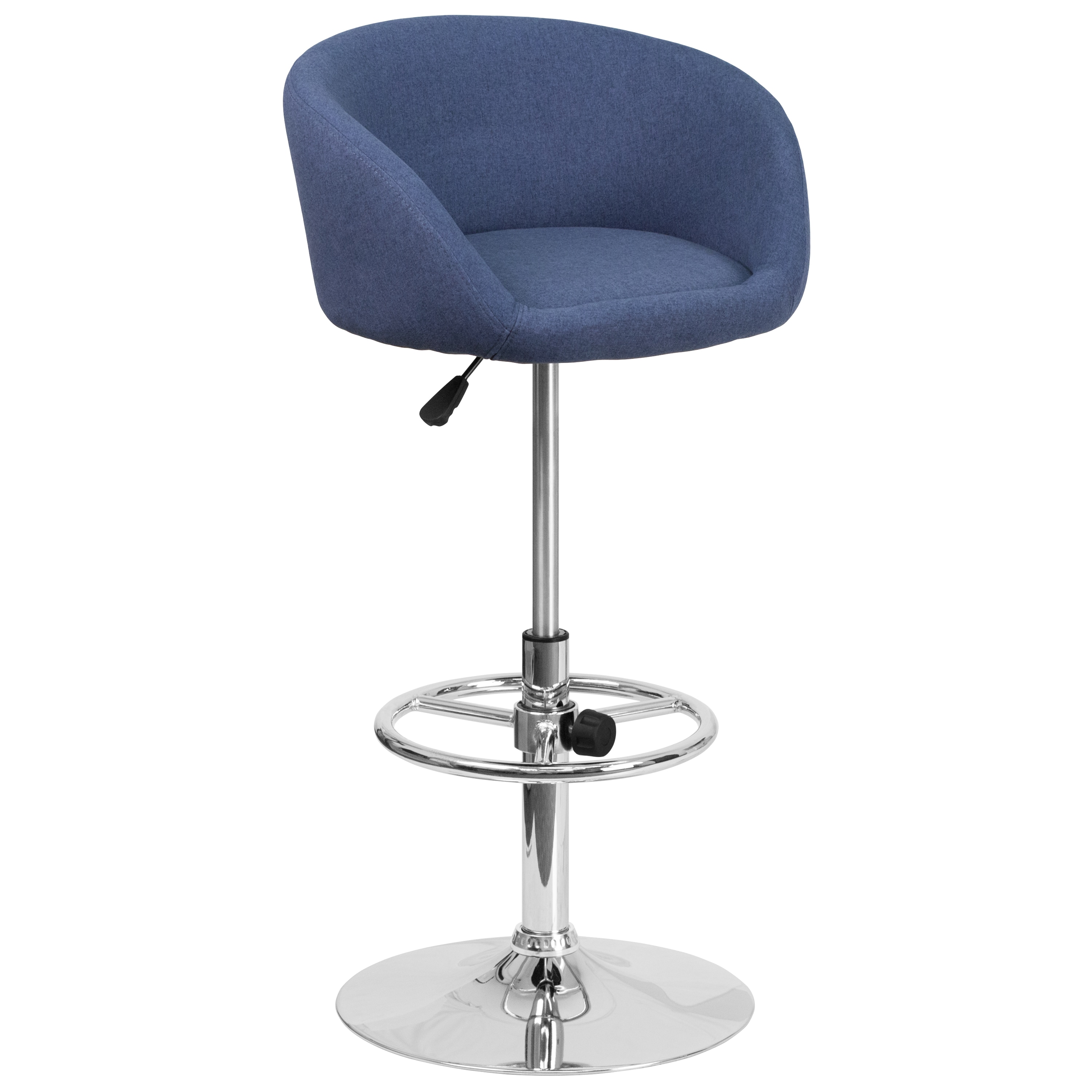Flash Furniture 889142048237 Blue Fabric 23.25-in H Adjustable Height Short Round seat Upholstered Swivel Metal Bar Stool with Arms and Back