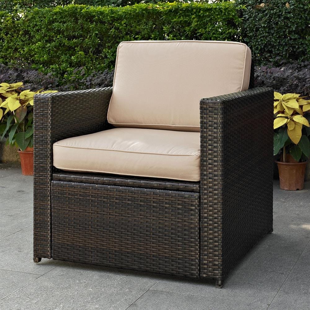 Crosley Furniture Palm Harbor Outdoor Wicker Ottoman with Sand Cushion in Brown 