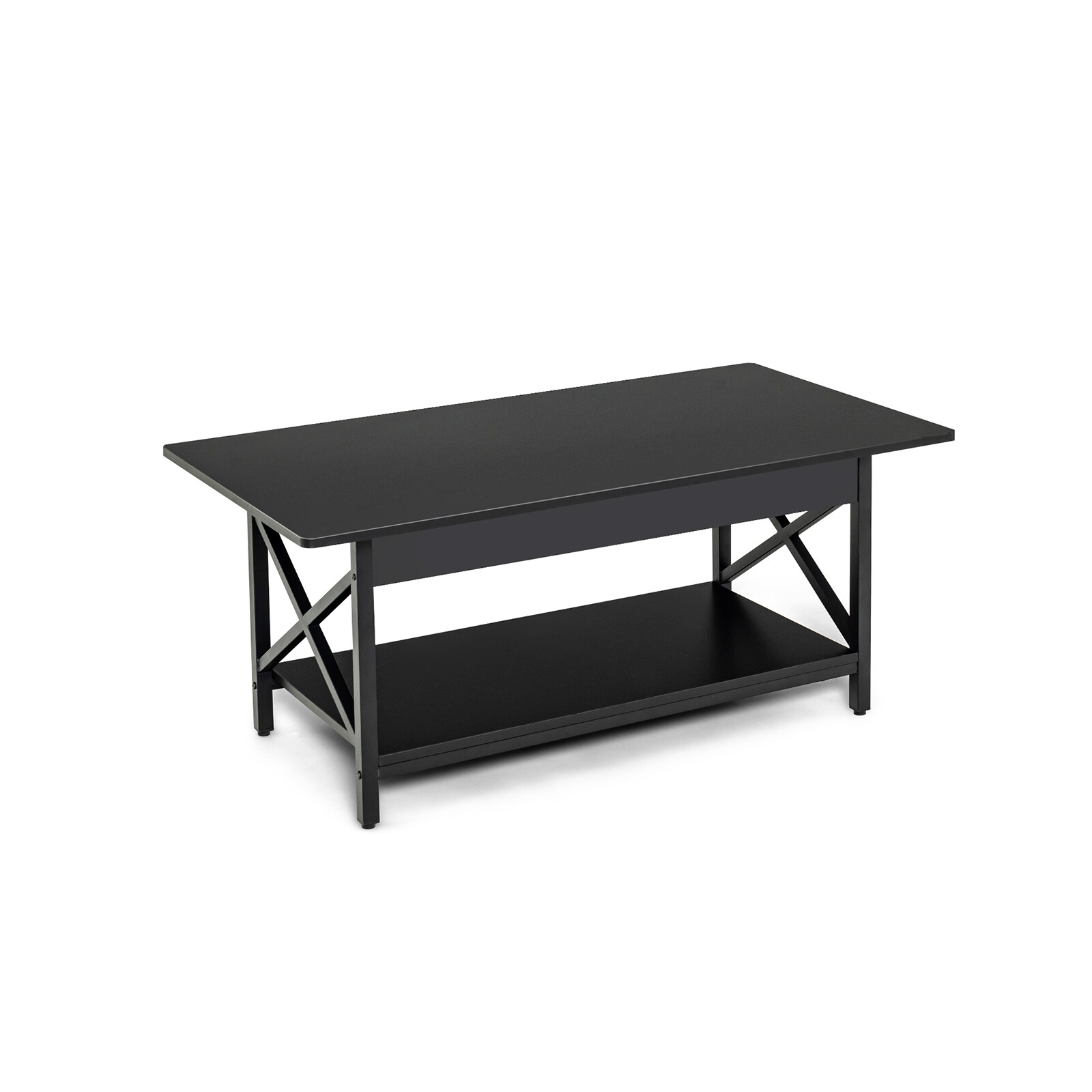 Slickblue - 2 Tier Rectangle Coffee Table with Storage Shelf and X shaped Metal Frame for Living ...