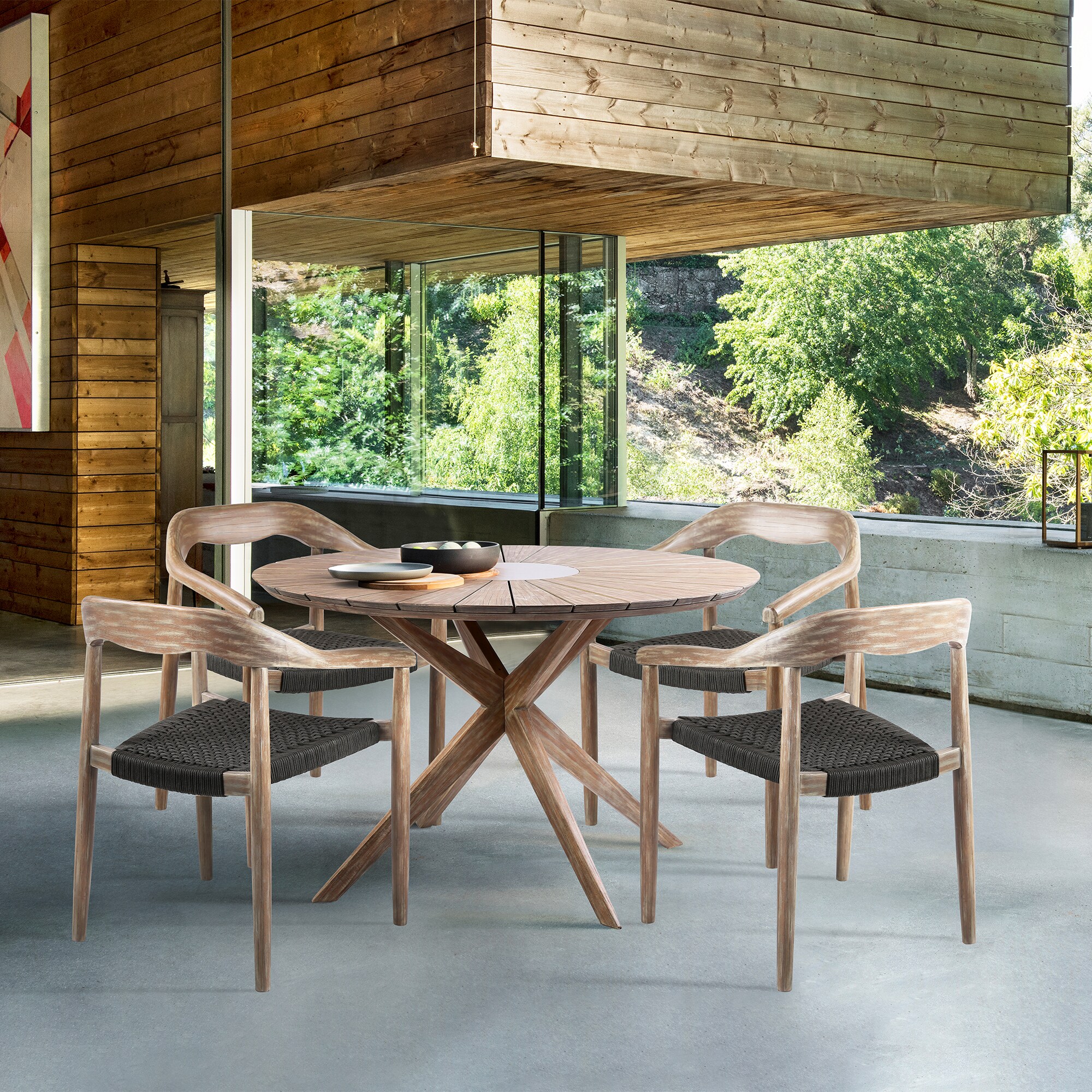 Eucalyptus Wood and Charcoal Rope 5-Piece Round Outdoor Dining Set