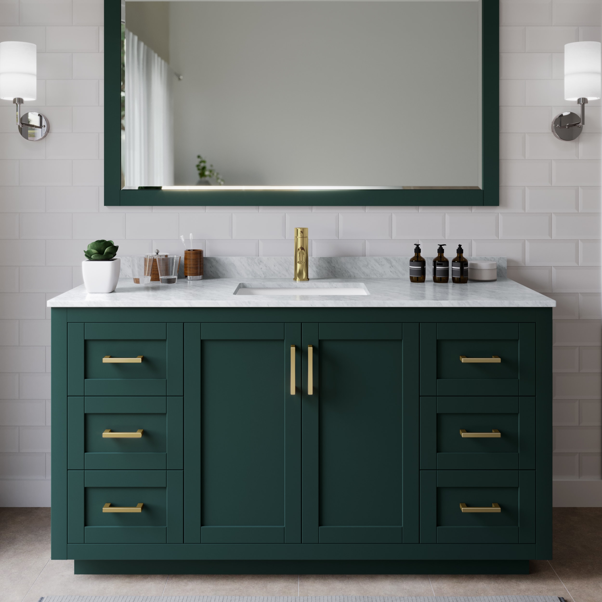 Wyndham Collection WCF292960SGDCMUNSMXX Miranda 60-in Green with Brushed Gold Trim Undermount Single sink Bathroom Vanity with White Carrara Marble Marble Top