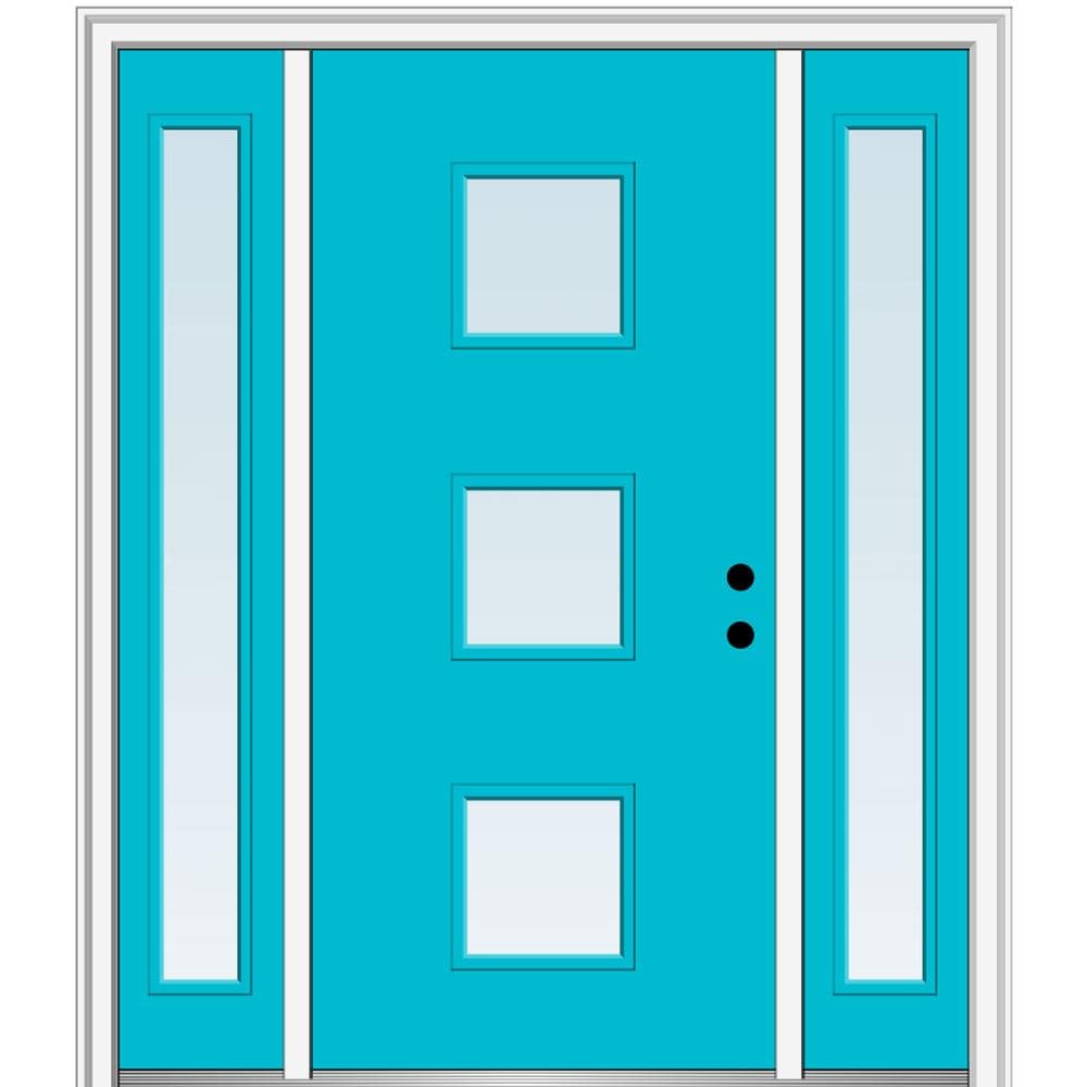 MMI DOOR ZZ348751L Spotlights 64-in x 80-in x 6-9/16-in Fiberglass Half lite Left-hand inswing Bahama Blue Painted Prehung Front Door with Sidelights with Brickmould Insulating core
