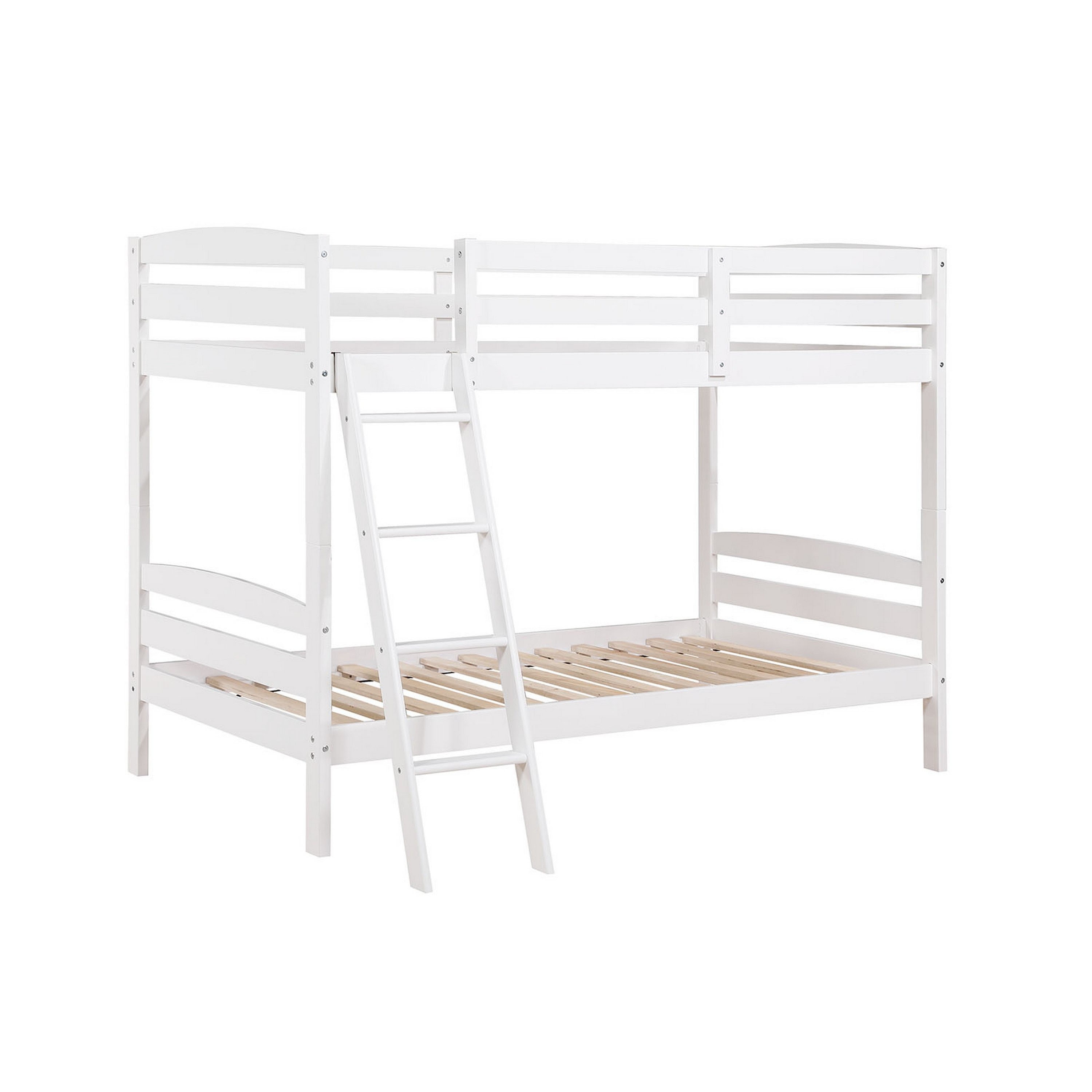 Benzara Hina Twin Bunk Bed-Angled Ladder-Sturdy Slat Design-White Solid Wood