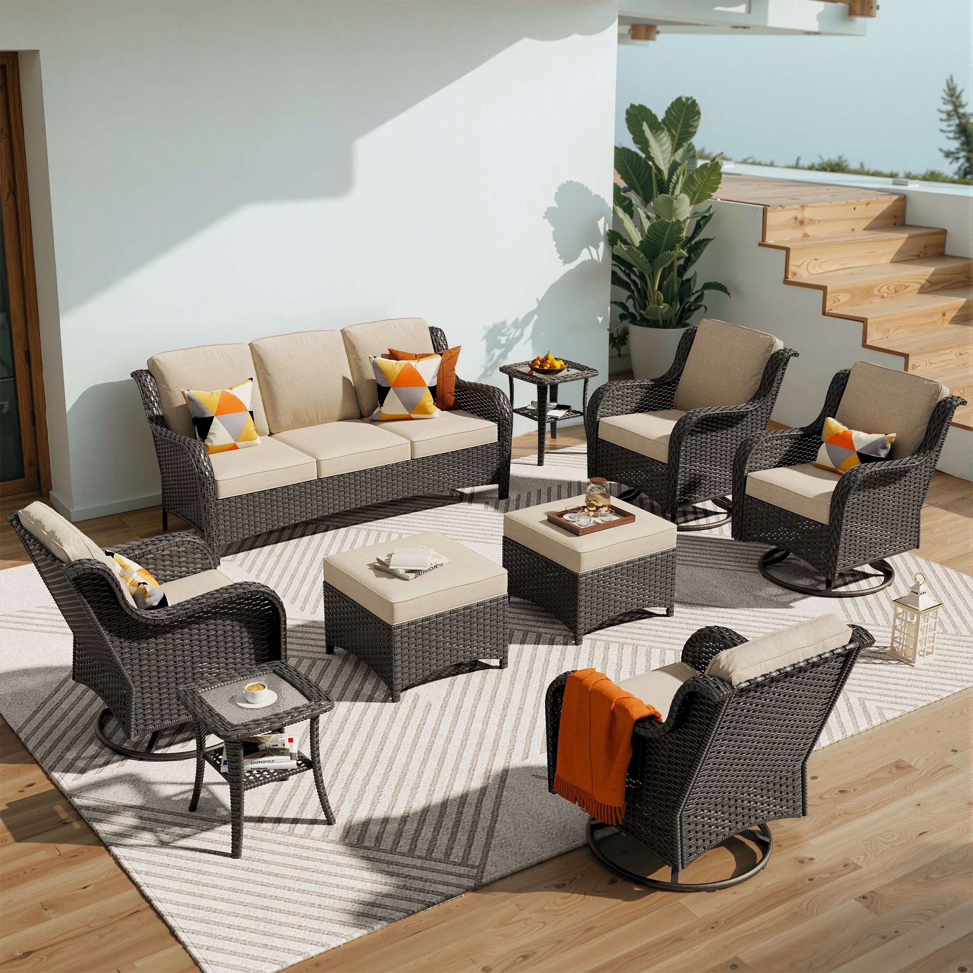 Pouuin SYZNTC6-9 9 -Piece Wicker Patio Sofa Conversation Set with Beige Cushions