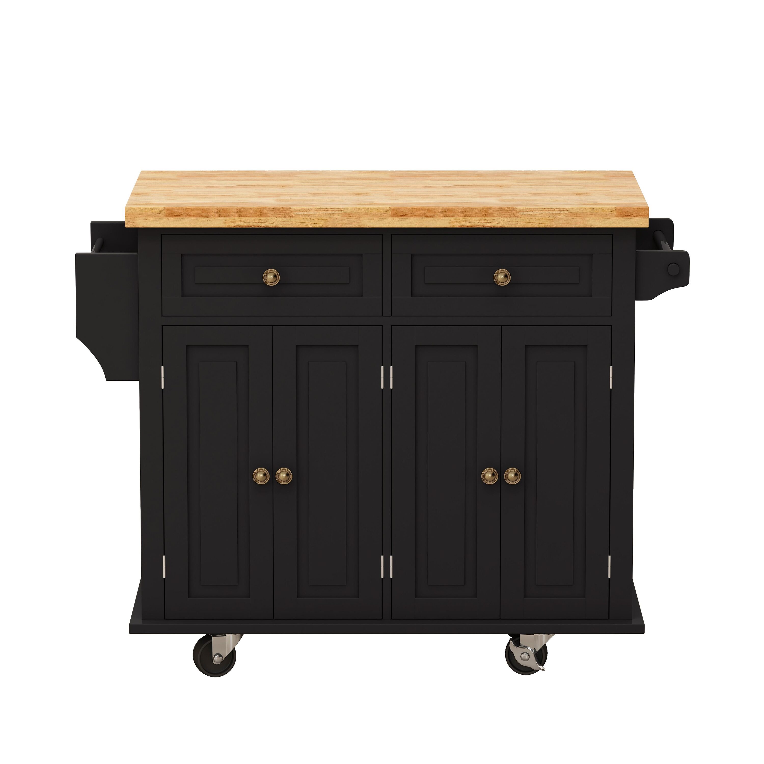 Bayfeve Black 43.31 Inch Kitchen Island Cart with Two Storage Cabinets and Two Locking Wheels, 4 Door Cabinet and Two Drawers, Spice Rack, Towel Rack