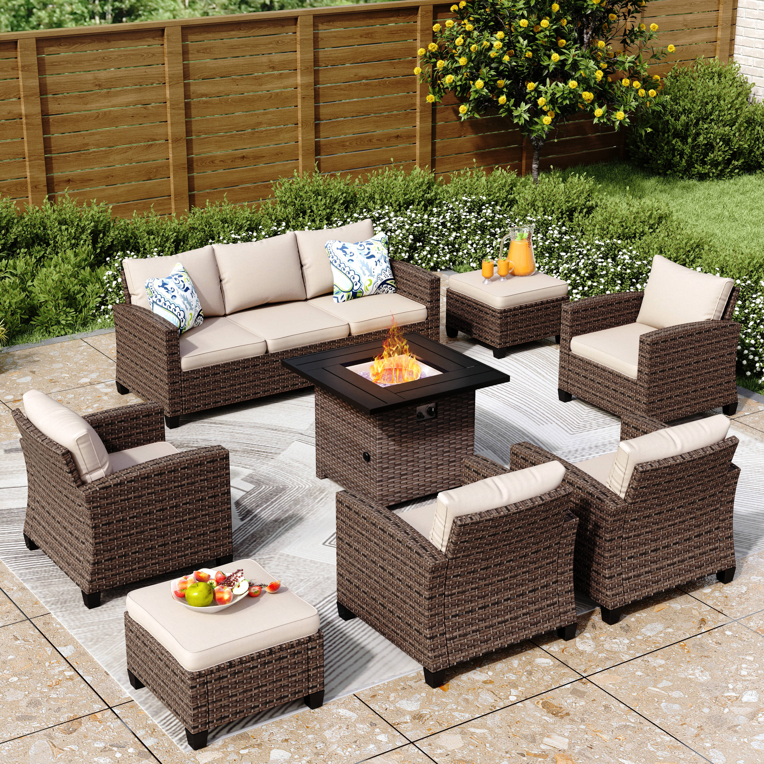 Sunshine Valley CR007-04-9-BE-GS102 Patio Furniture Set with Fire Pit 8 -Piece Wicker Patio Sofa Conversation Set with Tan CUSHION PRO Cushions