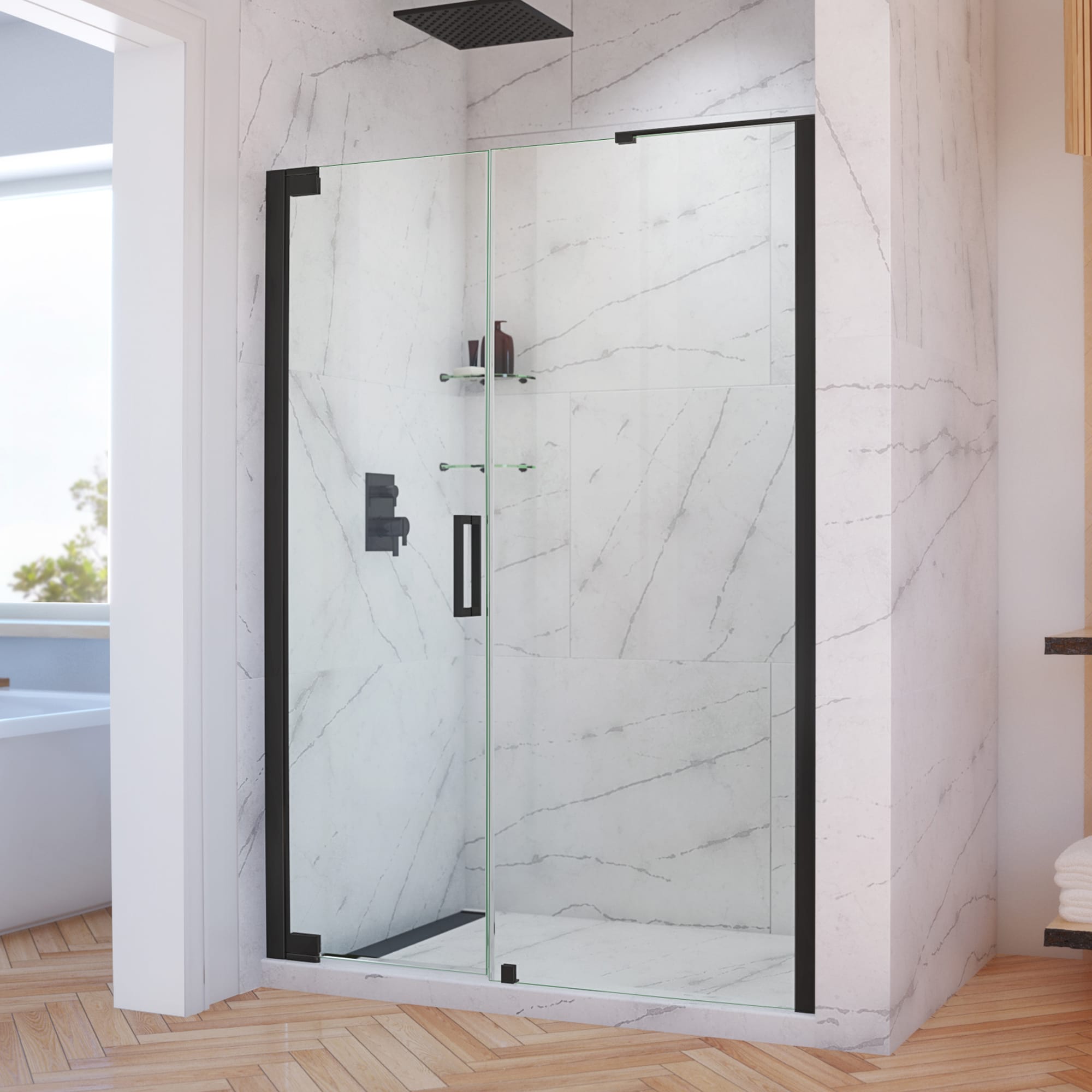 DreamLine SHDR-4328300-09 Elegance-LS Matte Black 56-3/4-in to 58-3/4-in W x 72.0-in H Frameless Pivot Shower door 3/8-in Thick Clear Glass