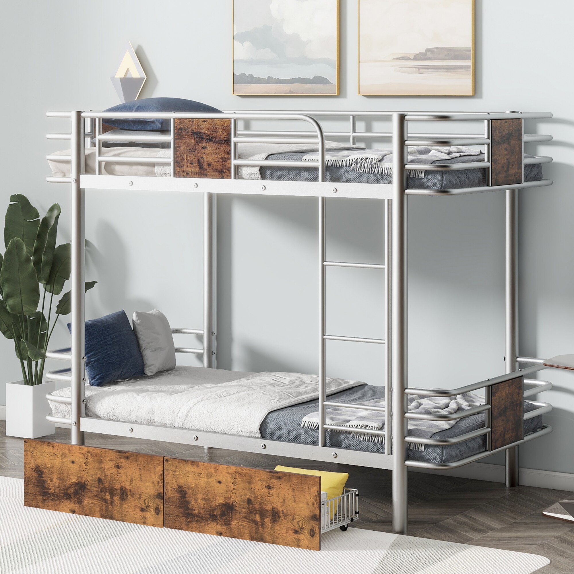 ModernLuxe GX001123AAN Twin XL over Twin XL Metal Bunk Bed with MDF Board Guardrail and Two Storage DrawersSilver