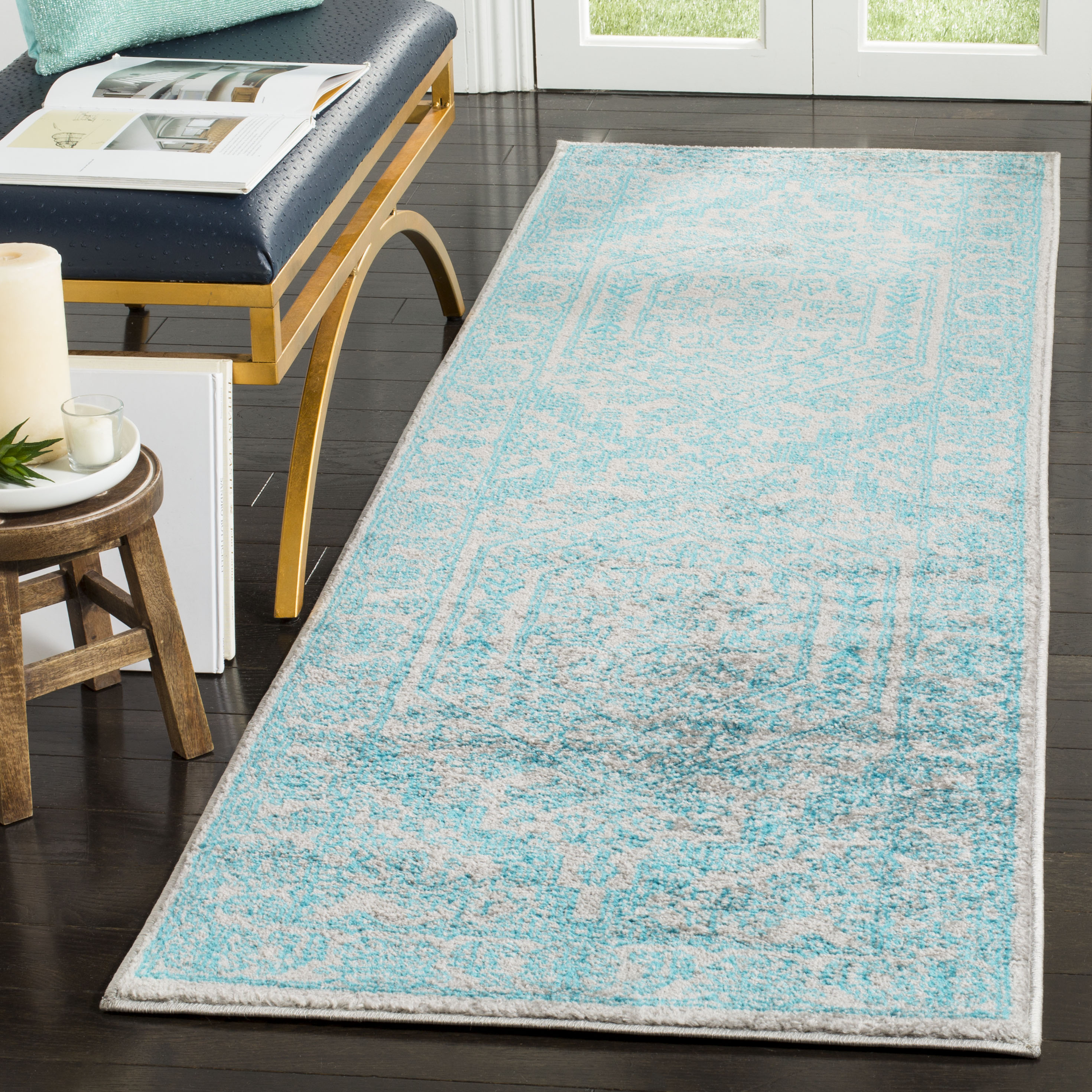Safavieh ADR108L-28 Adirondack Herati 3 x 8 (ft) Loomed Polypropylene Light Gray/Teal Rectangular Indoor Distressed/Overdyed Lodge Runner rug