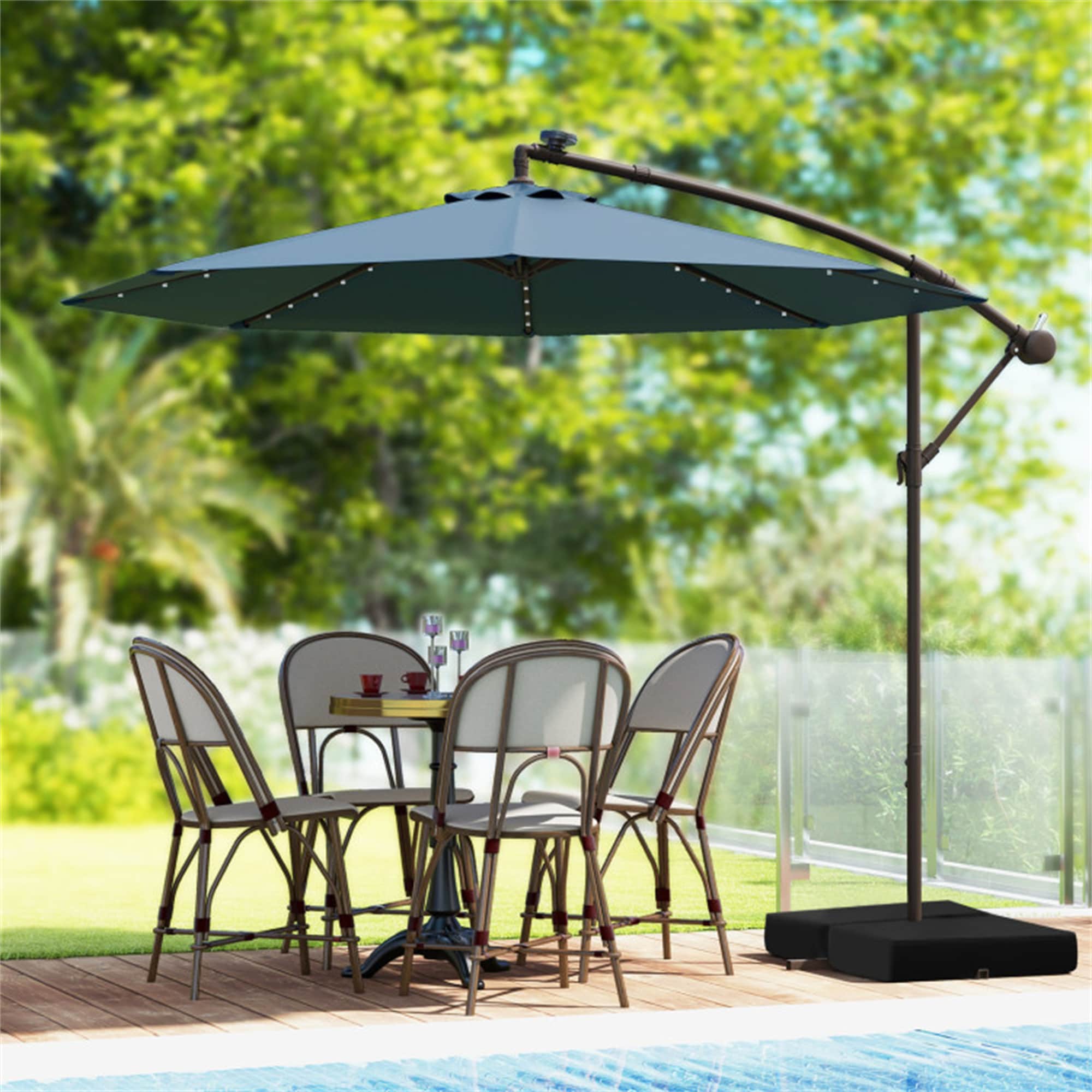 BABOOM BOM-1133NY-CO 10-ft Steel Navy Crank Cantilever Patio Umbrella with Lights with Base
