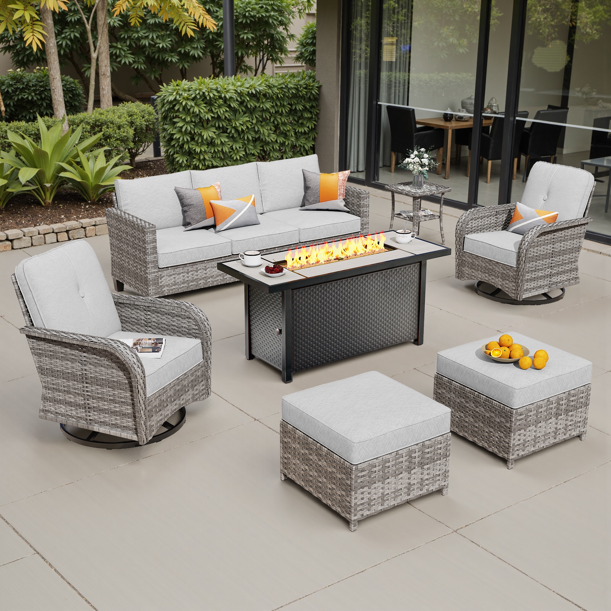 weaxty HMBCFP54YZGNCGNTC407 Initial 7 -Piece Wicker Patio Sofa Conversation Set with Gray Cushions