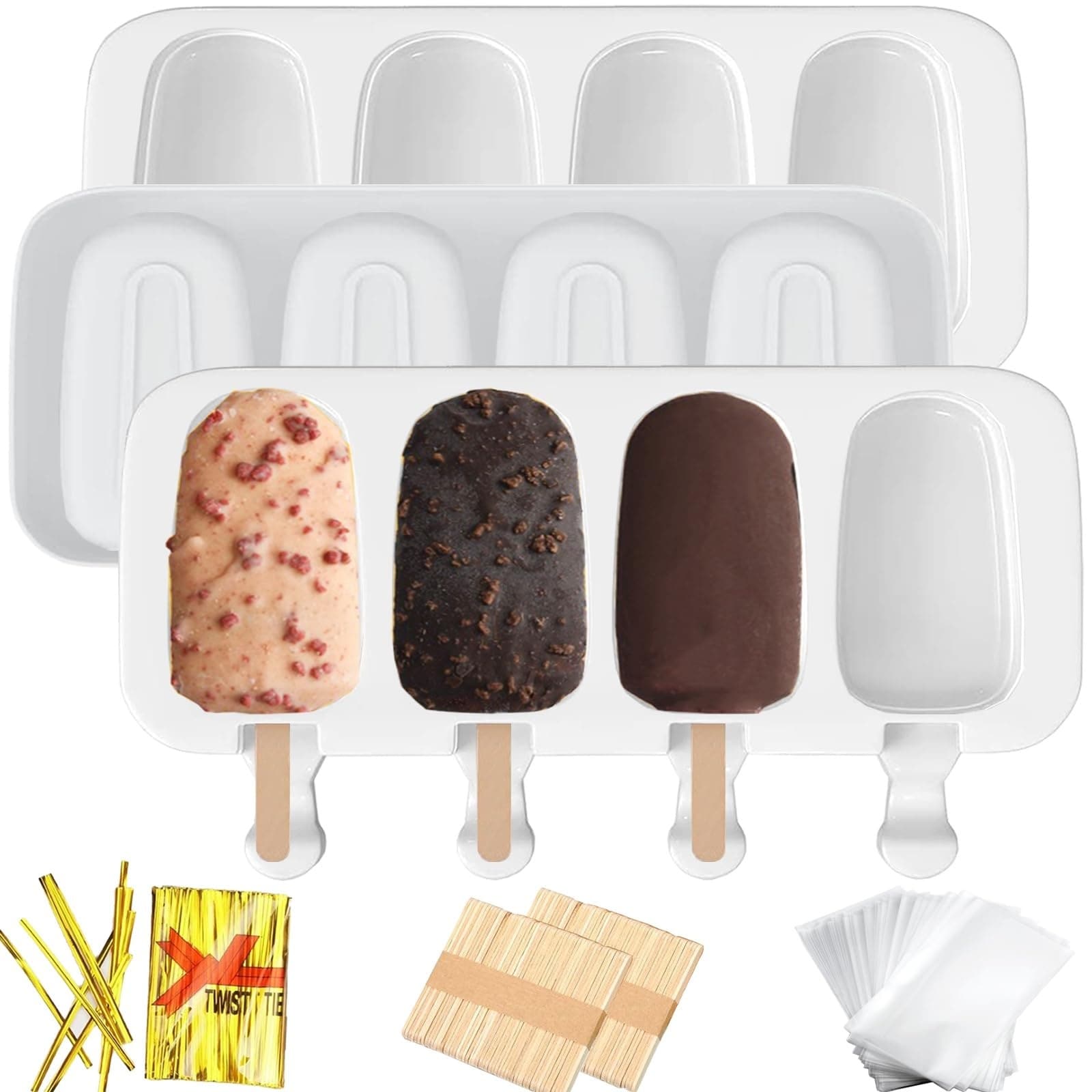 Etokfoks  Large Silicone Popsicle Moldswith 100 Wooden Sticks 100 Bags 100 Twist Ties Food Grade Silicone Multi Use 3pcs Pack