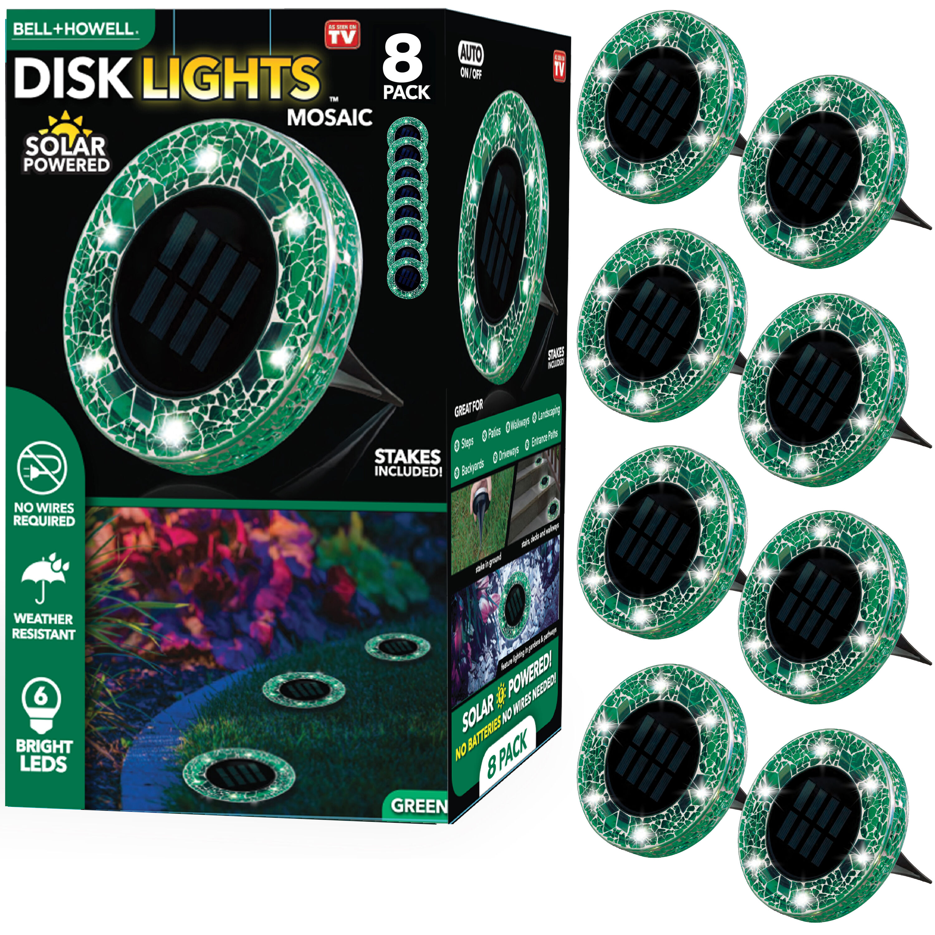 8-Pack Mosaic Disk Light 3-Lumen 3-Watt Green Low Voltage Solar LED Outdoor Path Light (6500 K) | - BELL + HOWELL 1068
