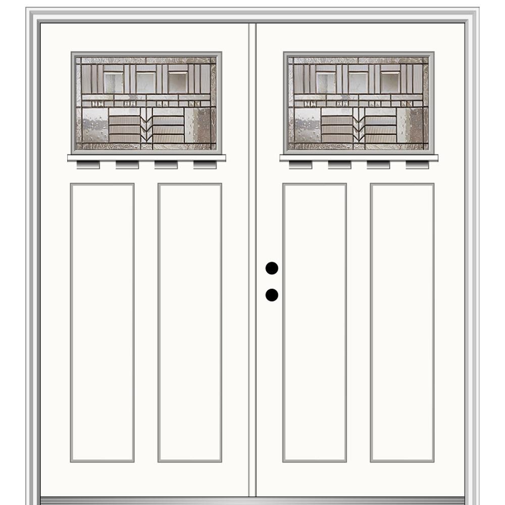 MMI DOOR ZZ3665007R 72-in x 80-in x 4-9/16-in Fiberglass Craftsman Right-hand inswing Alabaster Painted Prehung Double Front Door with Brickmould Insulating core