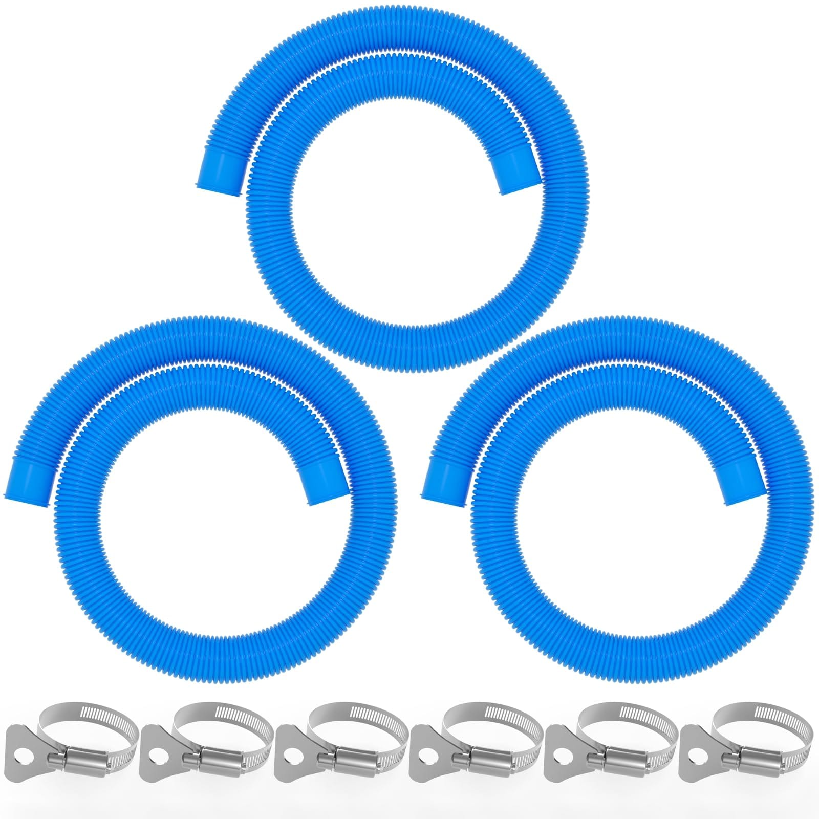 Etokfoks  59 in PE Above Ground Pool Cleaning Hose 3 Pack Blue UV Resistant Leak Proof with 6 Metal Thumb Clamps