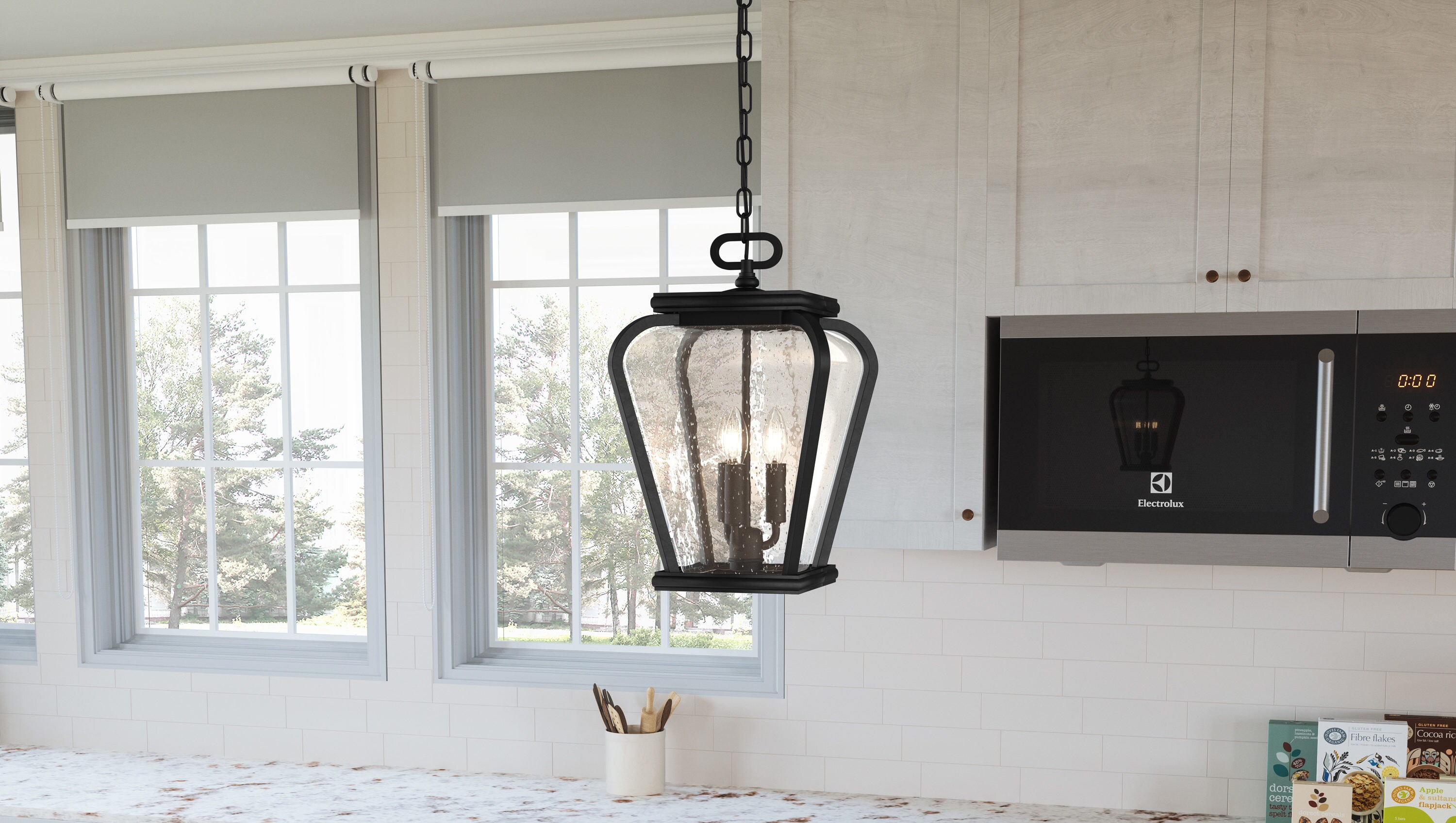 Quoizel Province 3 Light Mystic Black Transitional Seeded Glass Lantern Mini Hanging Pendant