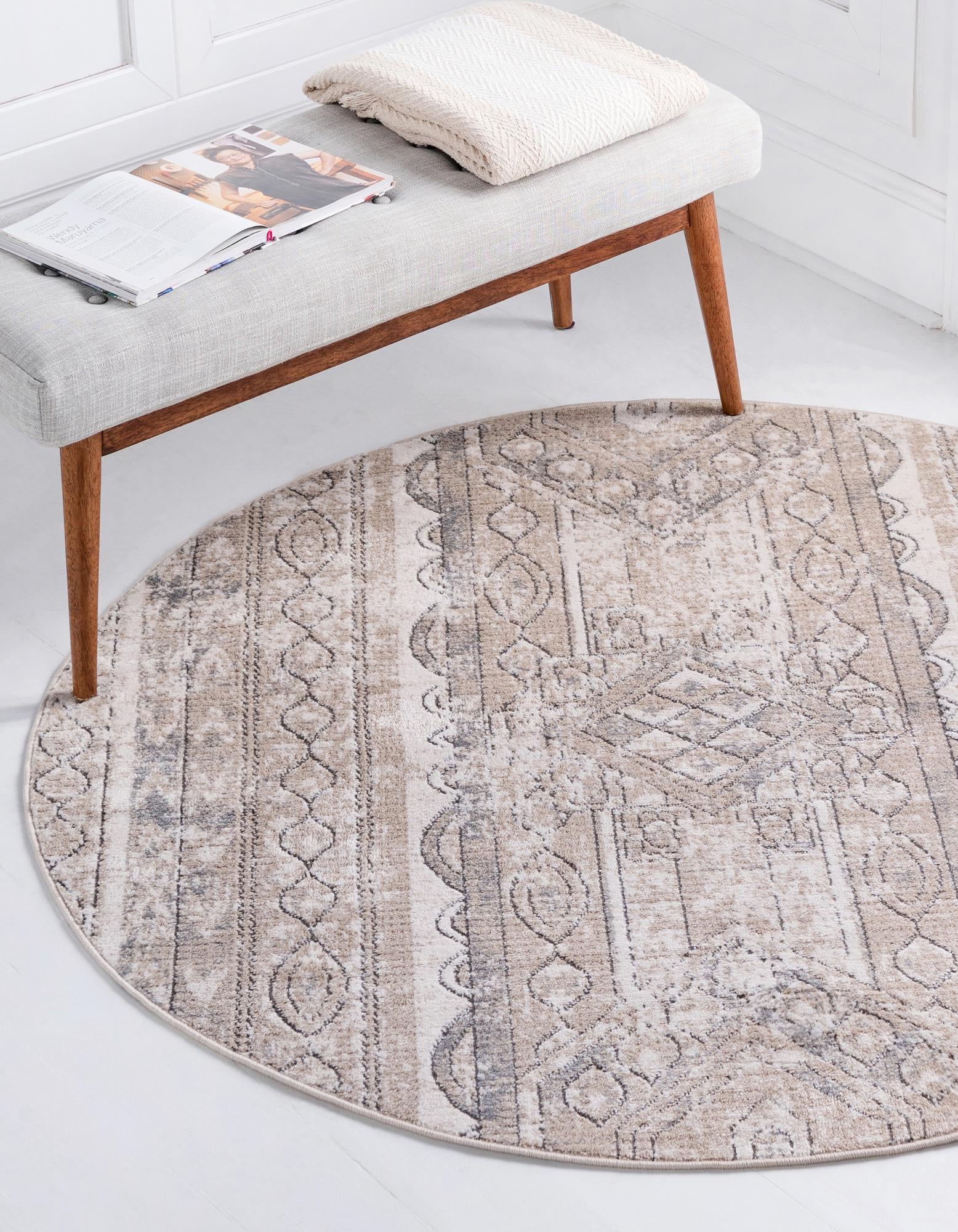 Unique Loom 3147180 Portland 3 x 3 (ft) Loomed Polypropylene Ivory Round Indoor Stripe Area rug