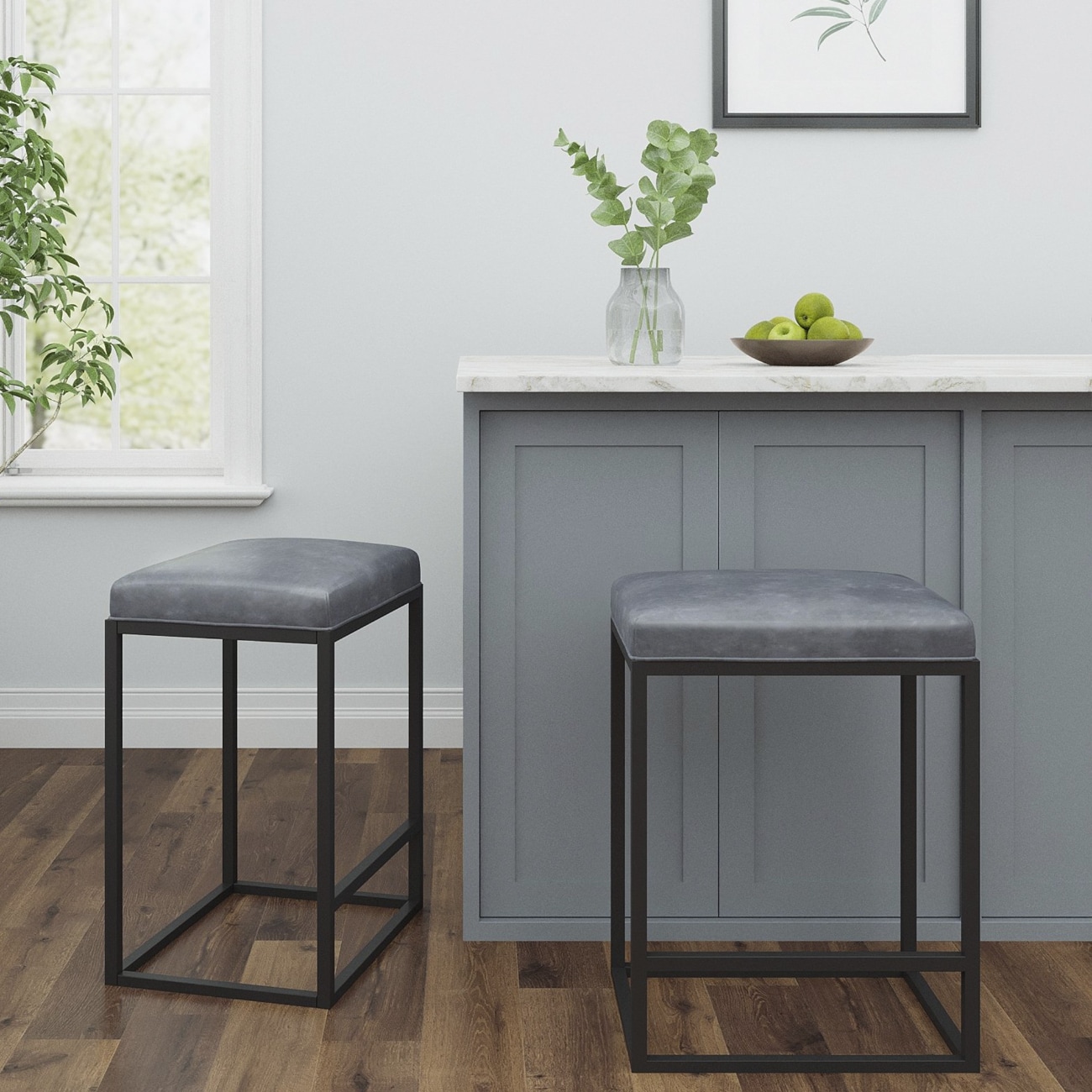 HomeRoots 4000400721 2 -Set Gray 1-in H Short Square seat Metal Bar Stool