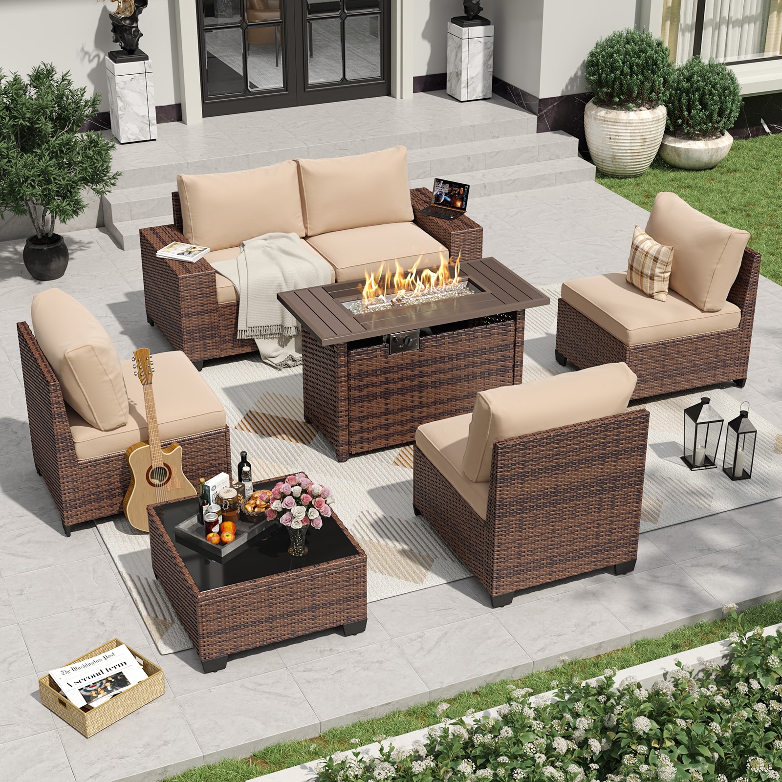 AOXUN PA-039BR11 Patio Conversation Sets 7 -Piece Wicker Patio Sofa Conversation Set with Brown Cushions