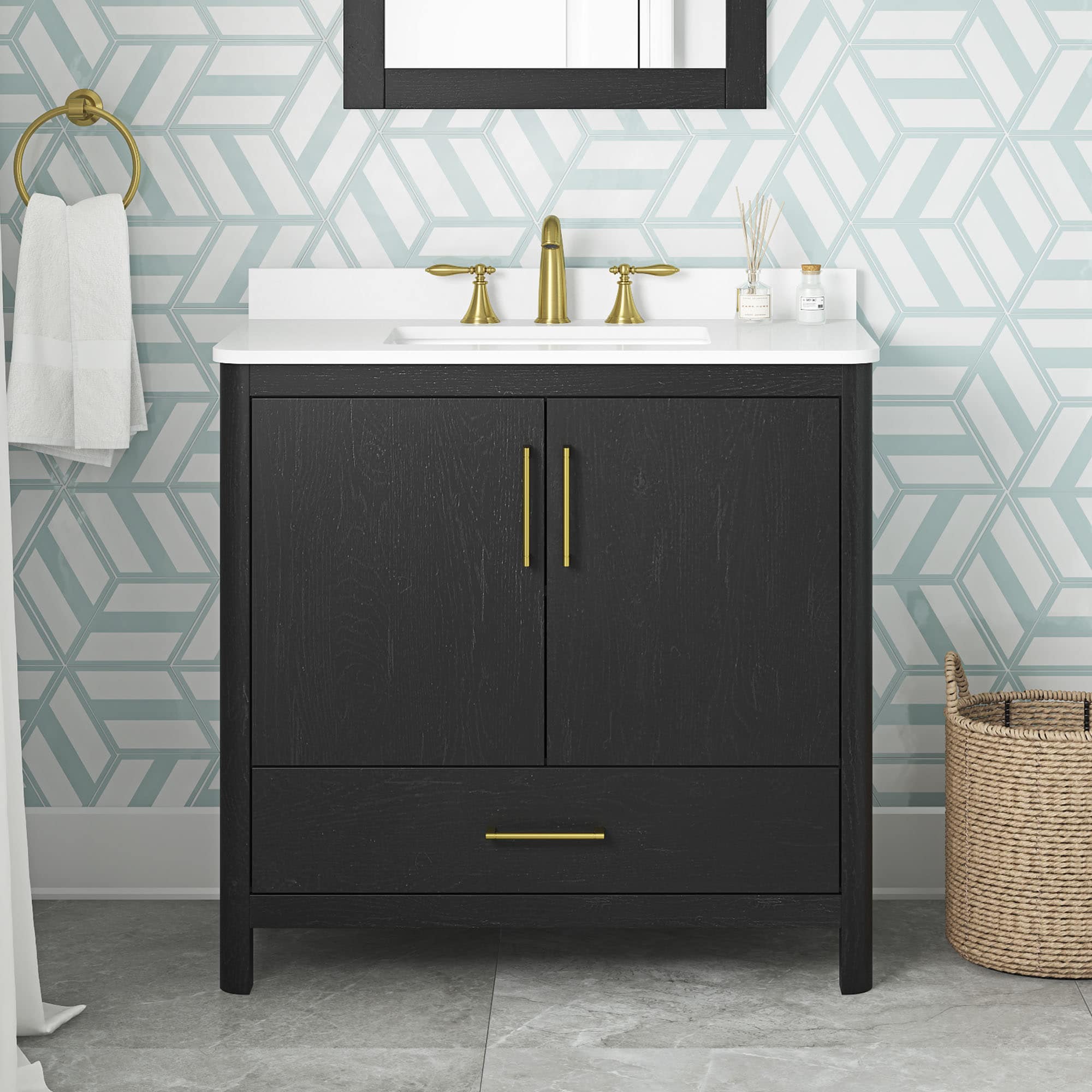 OVE Decors 15VVA-DARI36-191 Dario 36-in Ebony Wood Undermount Single Sink Bathroom Vanity with White Engineered Marble Top