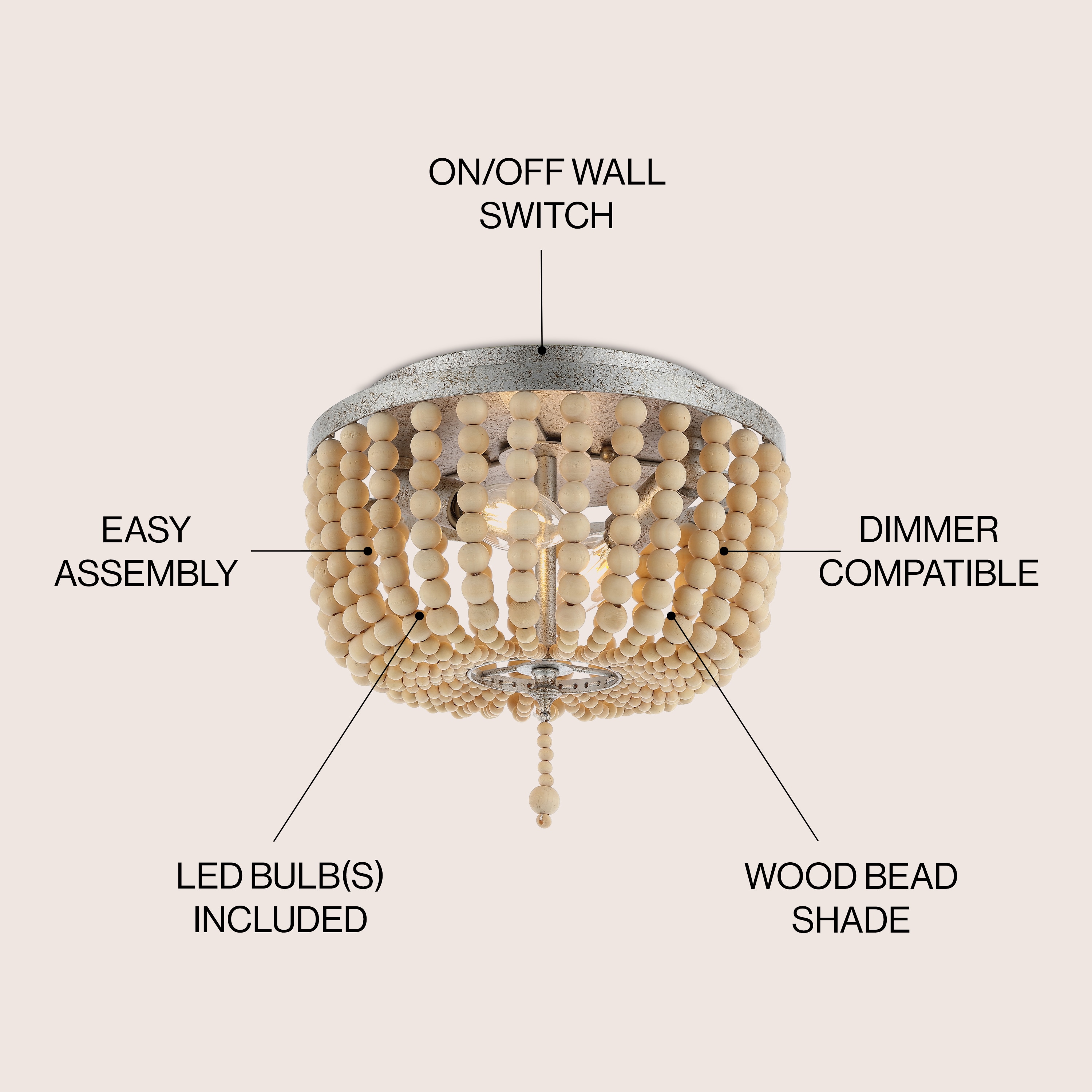 Antique Silver and Cream Wood Beaded Farmhouse Flush Mount Light