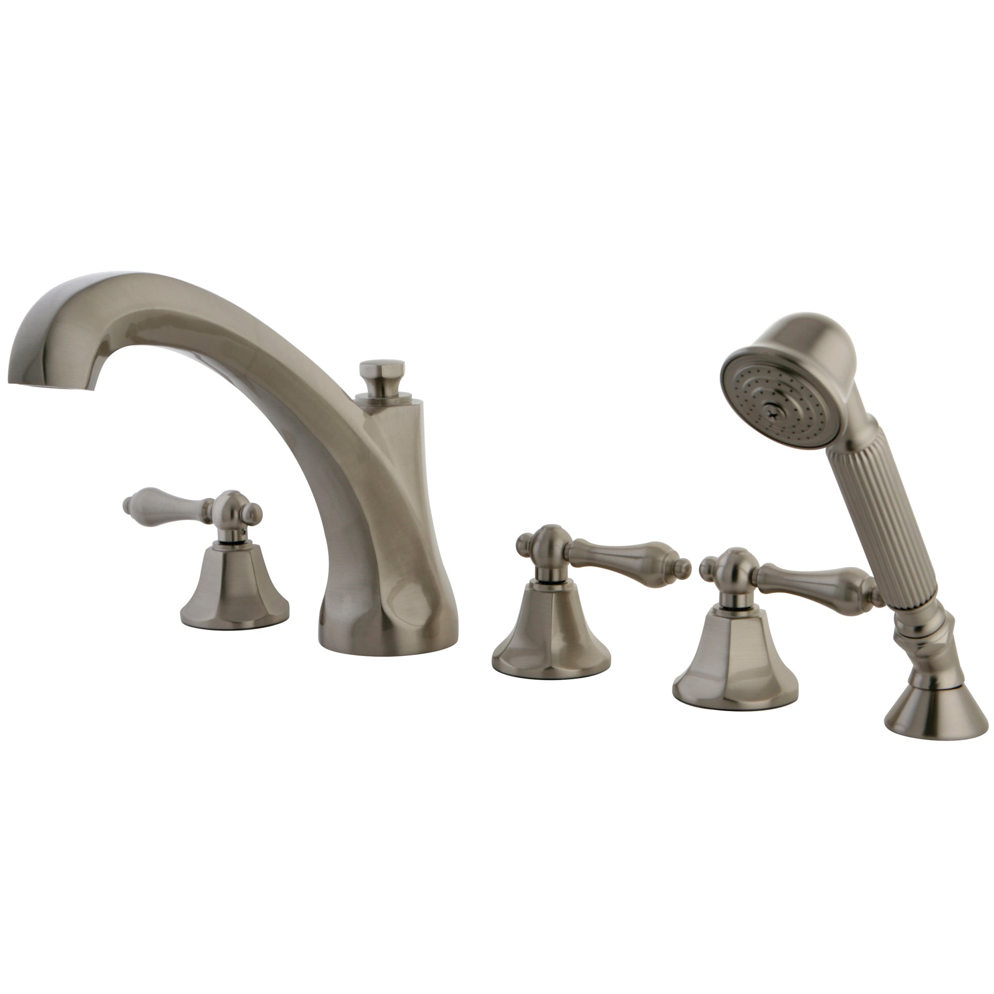 Kingston Brass WLKS43285AL Metropolitan Brushed nickel 3-handle Deck-mount Roman High-arc Bathtub Faucet with Hand Shower ( Valve Included )
