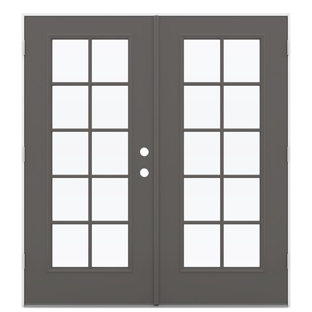 JELD-WEN LOWOLJW192600101 French 72-in x 80-in x 4-9/16-in Jamb Low-e External Grilles Timber Gray Steel French Right-Hand Outswing Double Patio Door