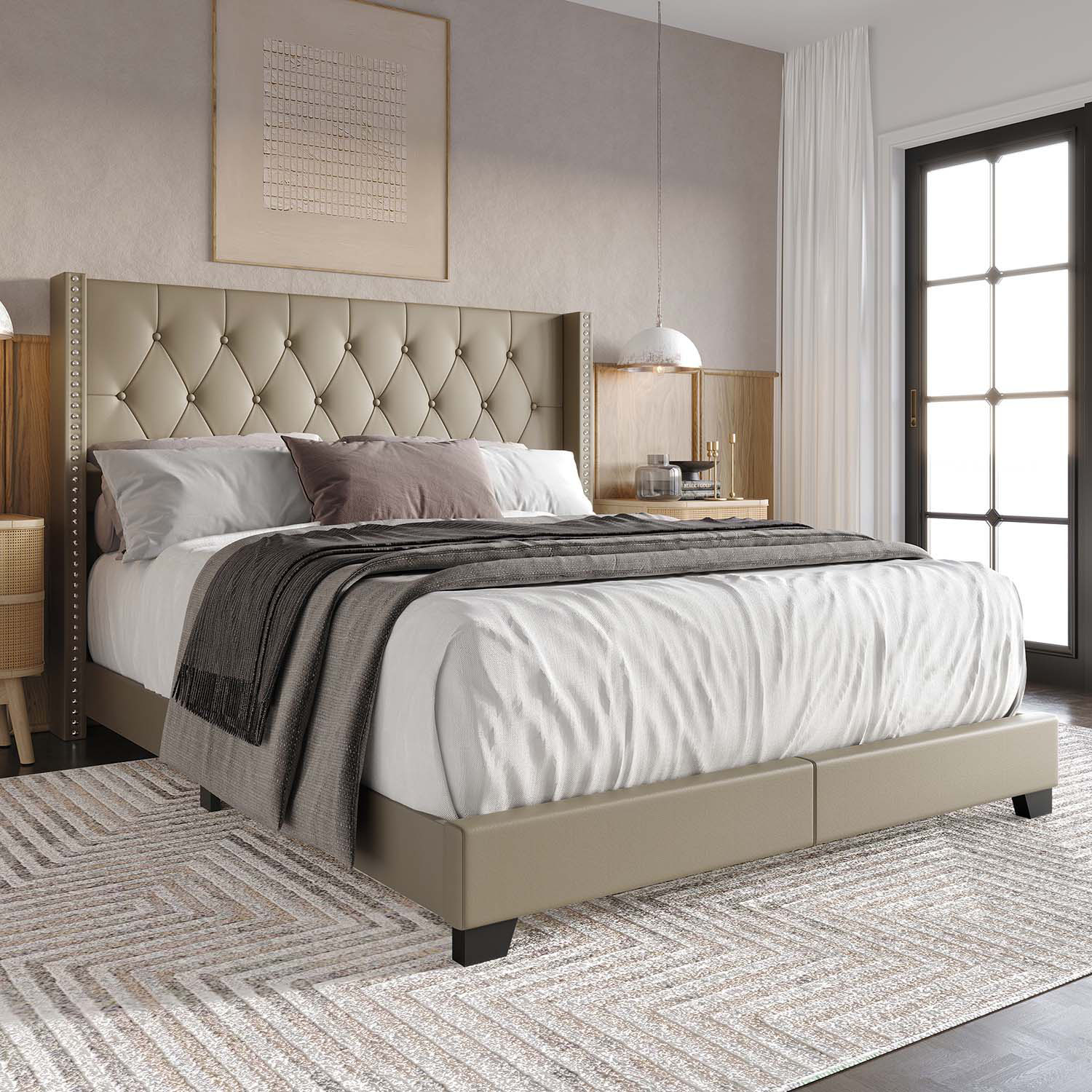 CasePiece C8403QUB-GD-PU Gold Queen Wood Upholstered Bed