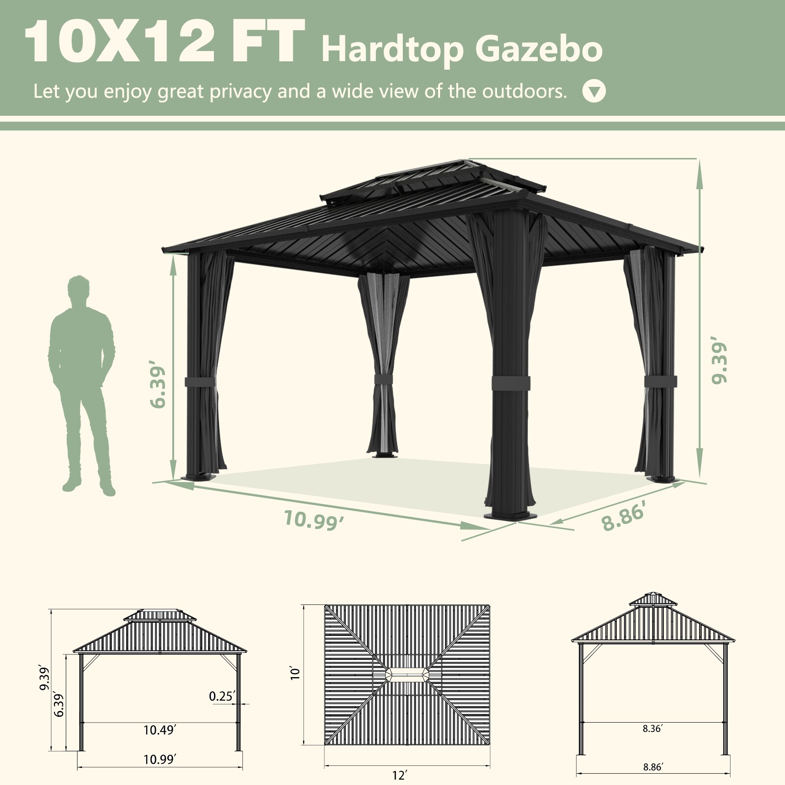 VEIKOUS 12-ft x 10-ft Hard top Rectangle Black Metal Steel Roof Gazebo ...