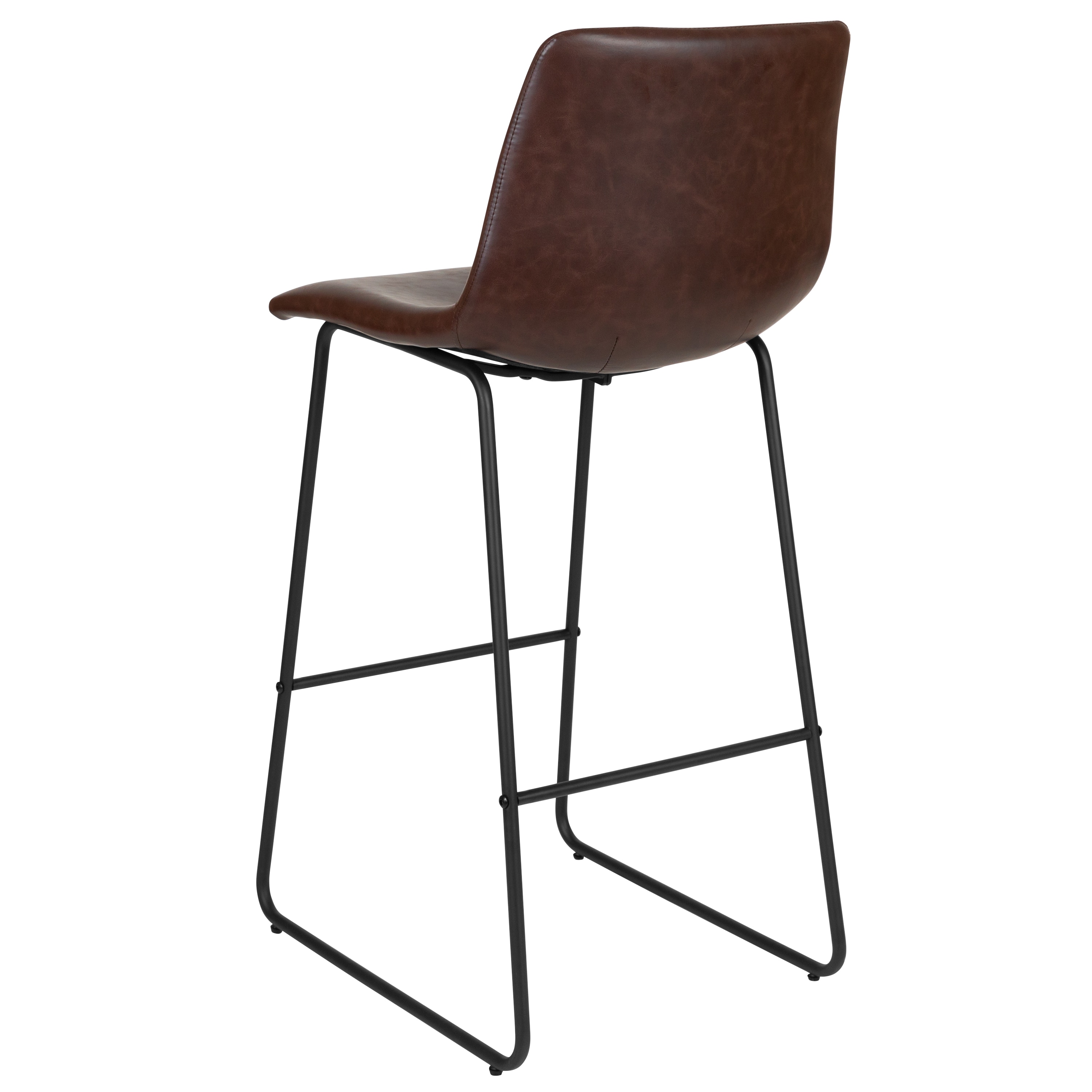 Dark Brown Leather and Metal Bar Height Stools, Set of 2