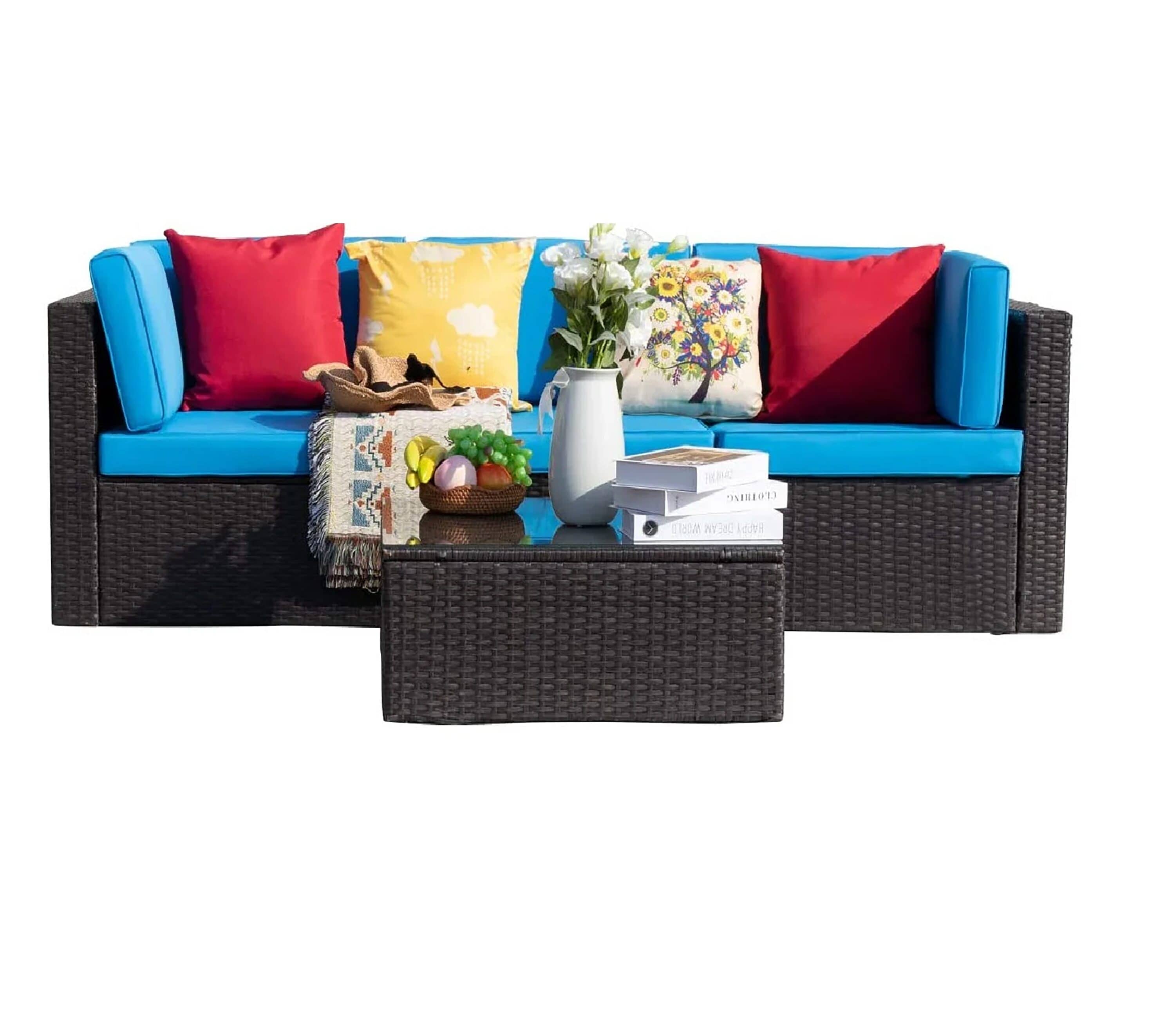 Vineego LS-41CS01AS003 4 -Piece Rattan 2 Patio Sofa Conversation Set with Blue Cushions