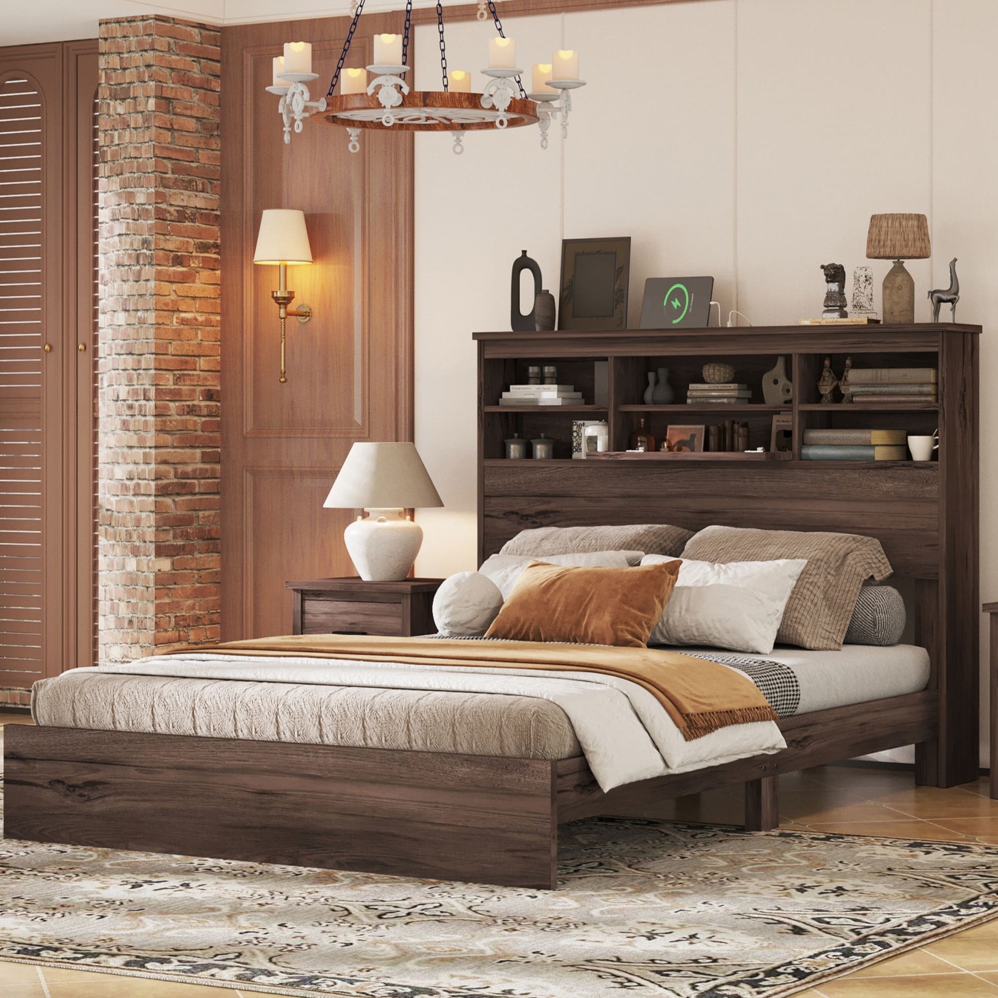 Yiekholo LL-1909AAD Dark Walnut Queen Wood Bed frame Bed with Storage