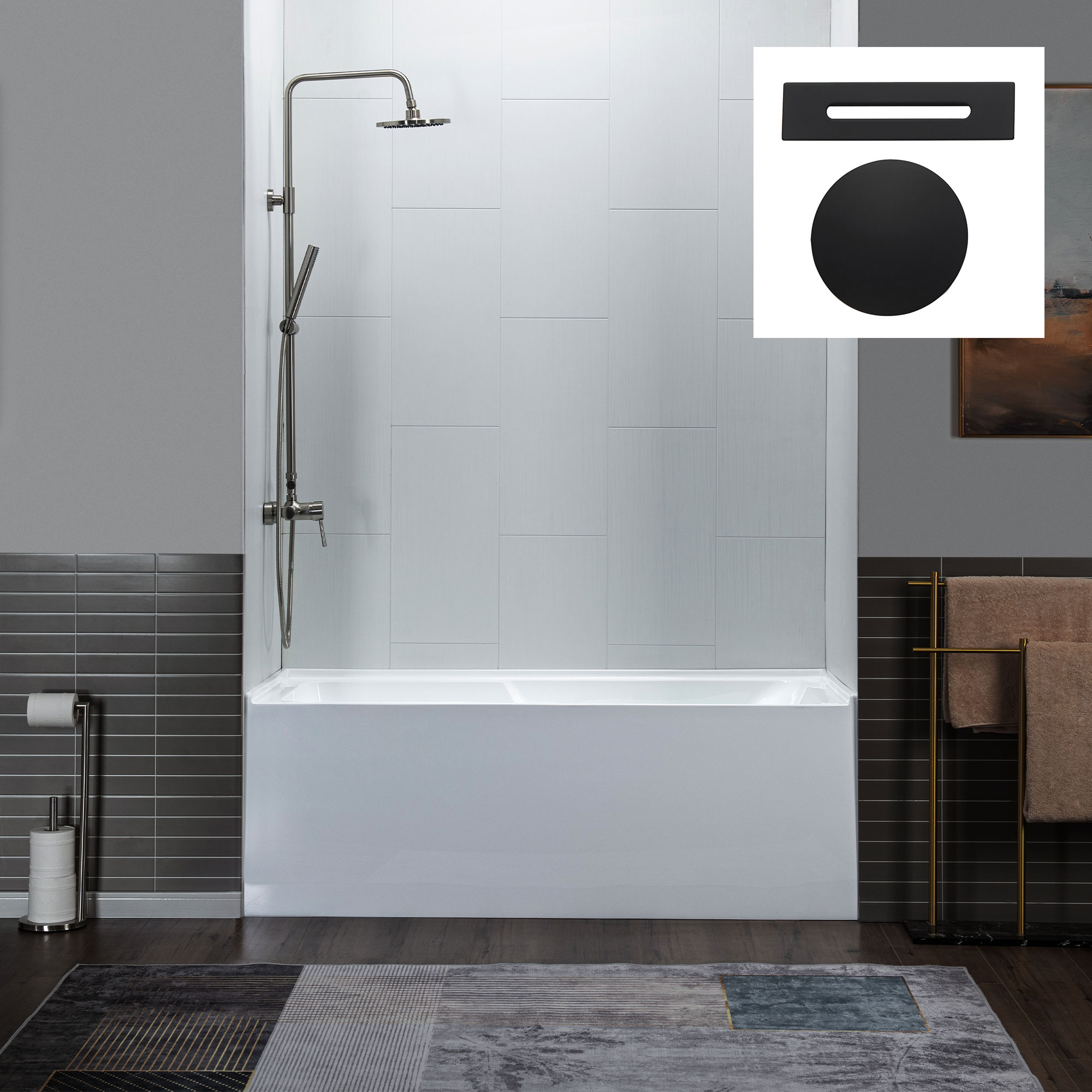 Woodbridge LB281 Santander 30-in x 60-in White with Matte Black Trim Acrylic Rectangular Alcove Soaking bathtub with Drain ( Left Drain )