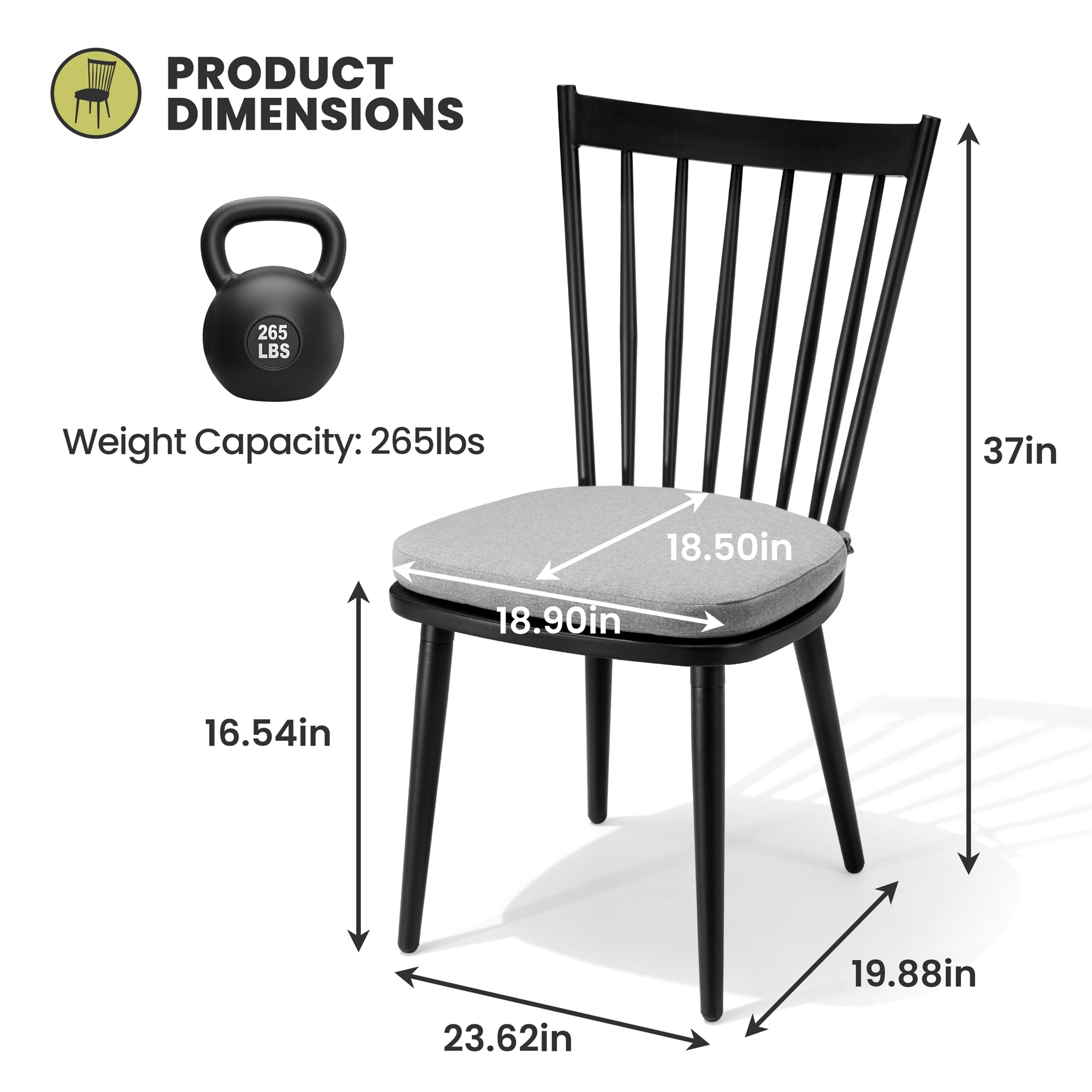 Black Aluminum Armless Dining Chairs with Cushions, Set of 2