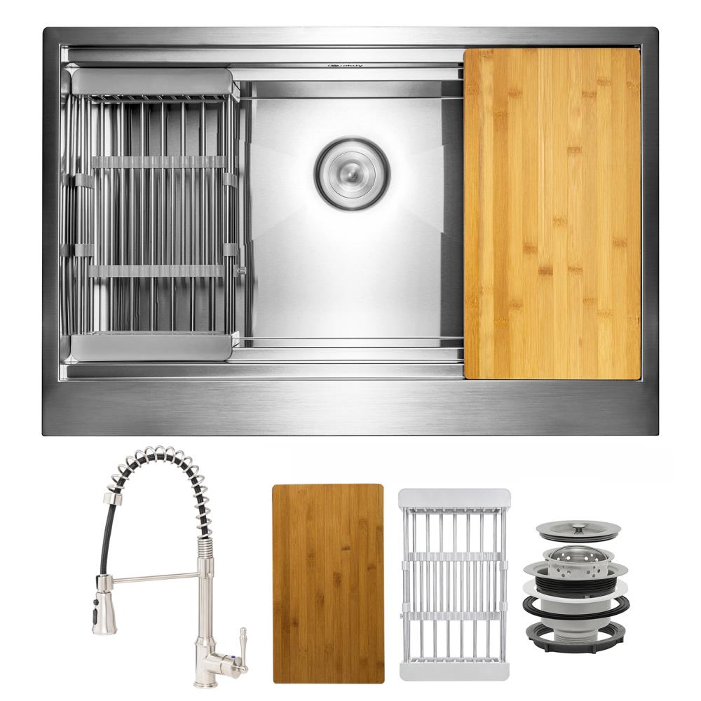 Handmade All-in-One Farmhouse Stainless Steel 33 in. x 22 in. Single Bowl Kitchen Sink Spring Neck Faucet, Accessories