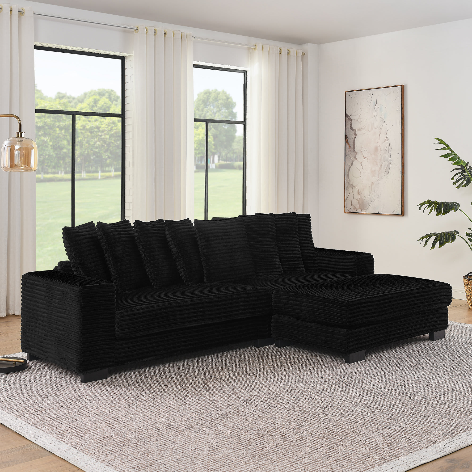 Etokfoks - Black Corduroy Upholstered L Shaped Sleeper Sectional Sofa Convertible