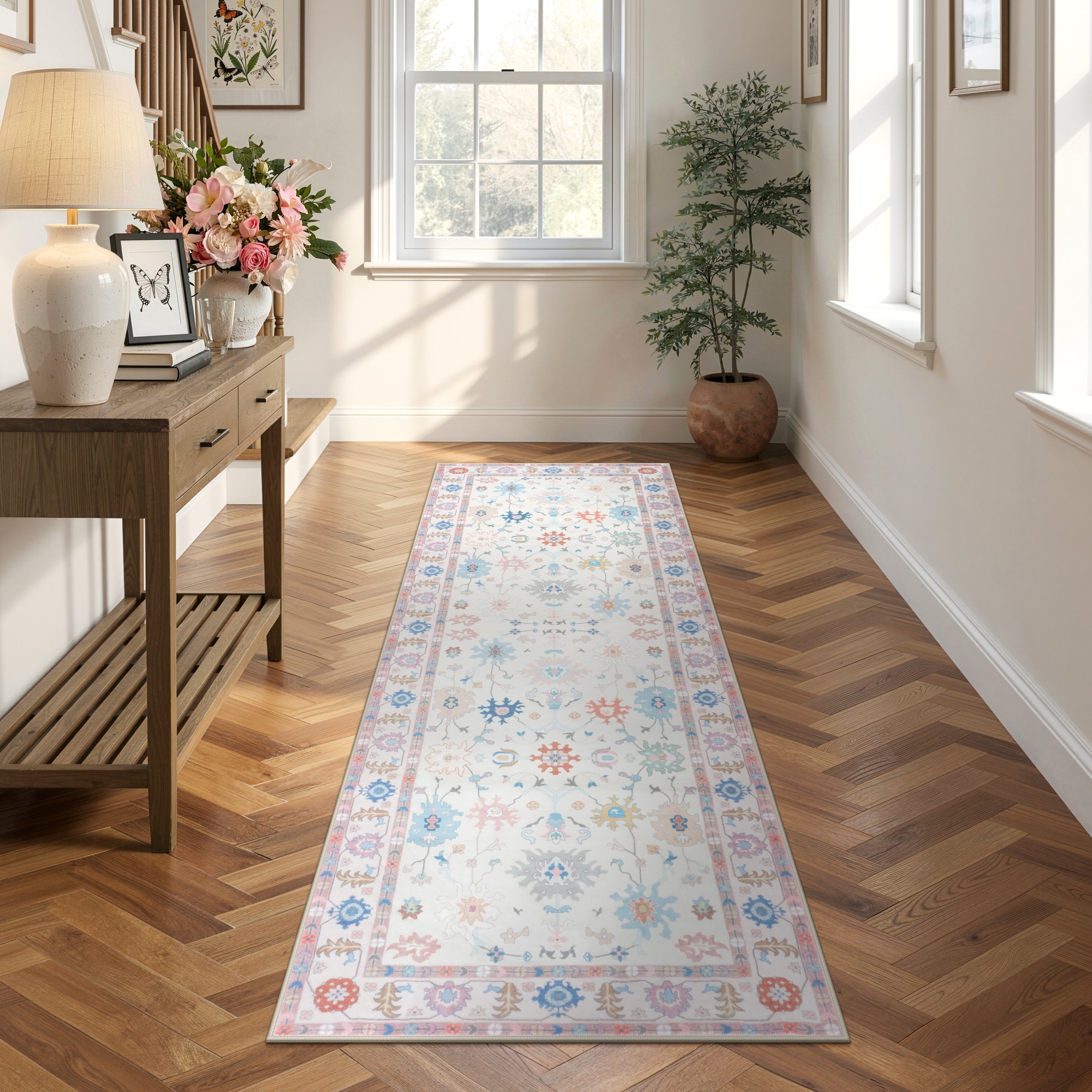 Lahome - 2x6 (ft) Pink Blue Vintage Floral Washable Soft Area Rug for Hallway Kitchen Entryway