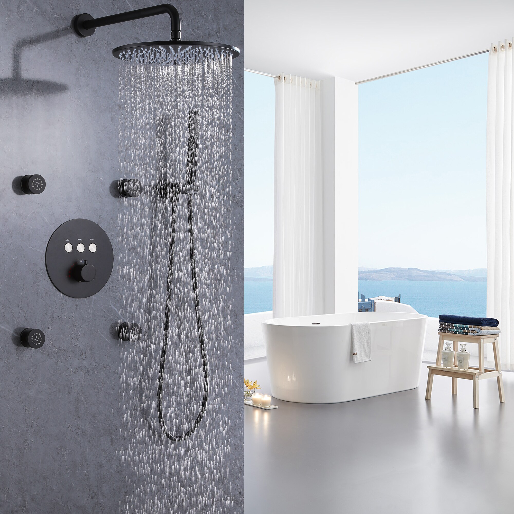 WELLFOR WB-1016 Matte black 12-in Dual Head Built-In Shower Faucet System with 3-way Diverter ( Thermostatic Valve Included )