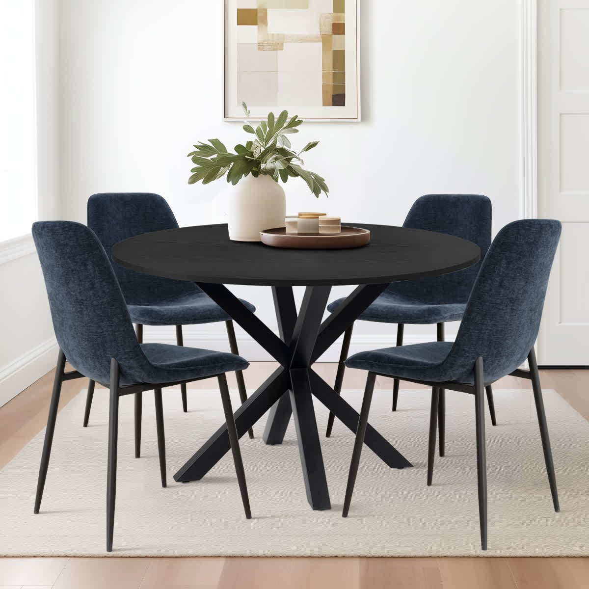 Maison Boucle 5-Piece Round Pedestal Dining Table Set with 4 Blue Upholstered Chairs