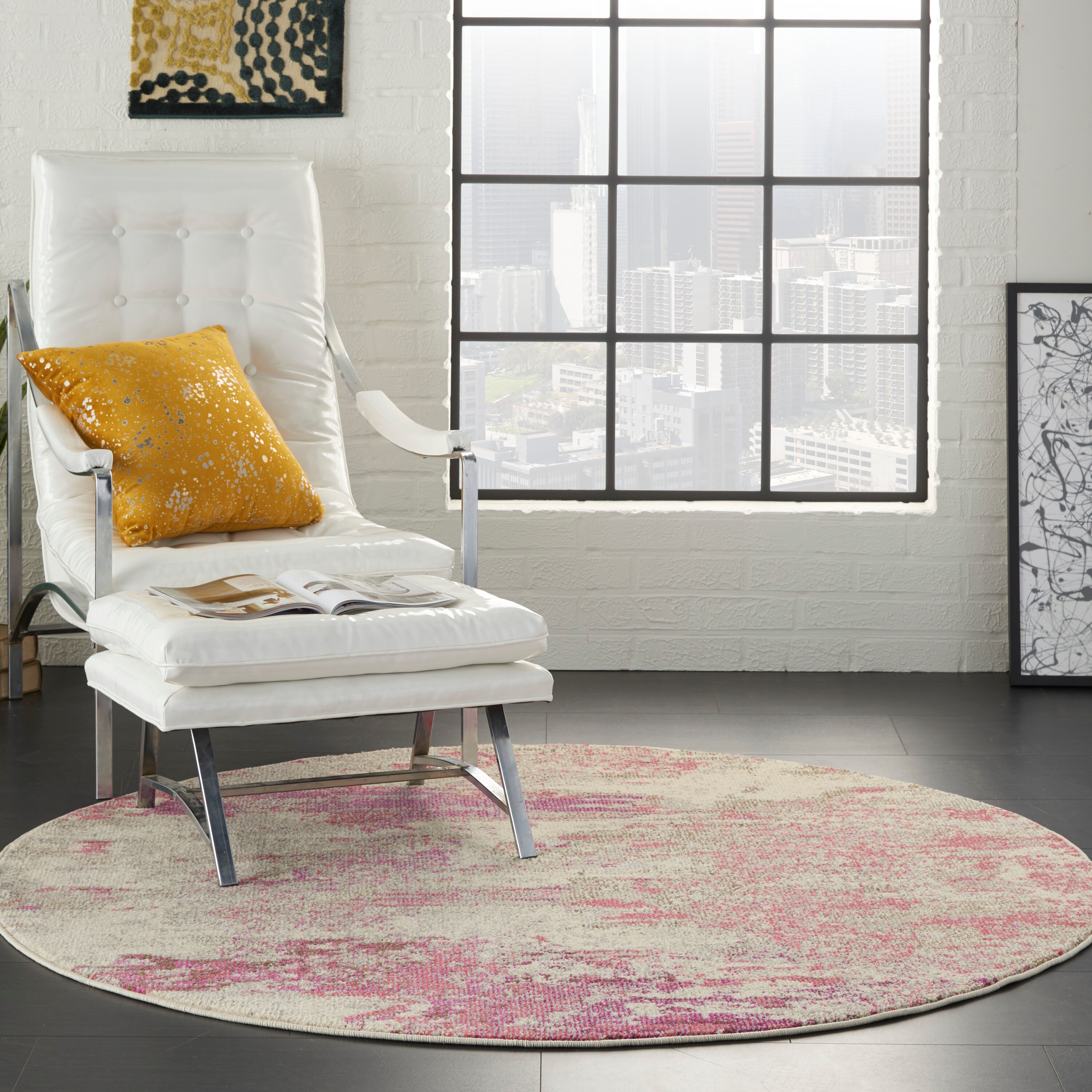 Nourison 99446742599 Celestial 8 x 8 (ft) Loomed Polypropylene Pink Round Indoor Distressed/Overdyed Vintage Area rug