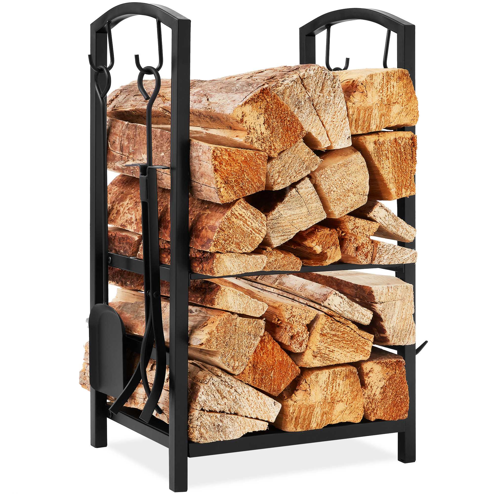 Best Choice Products SKY4383  5-Piece Firewood Log Rack Holder Tools Set for Fireplace w/ Hook Broom Shovel Tongs - Black
